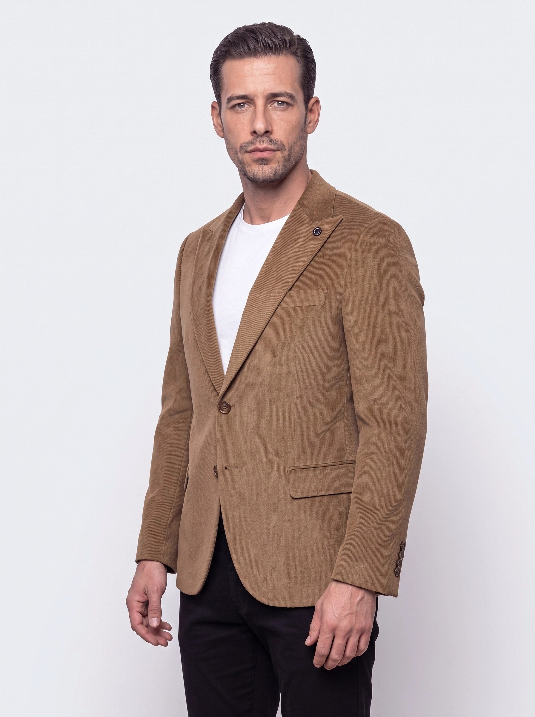 White StoneBej Sivri Yakalı Slim Fit 6 Drop Erkek Casual Kadife Ceket