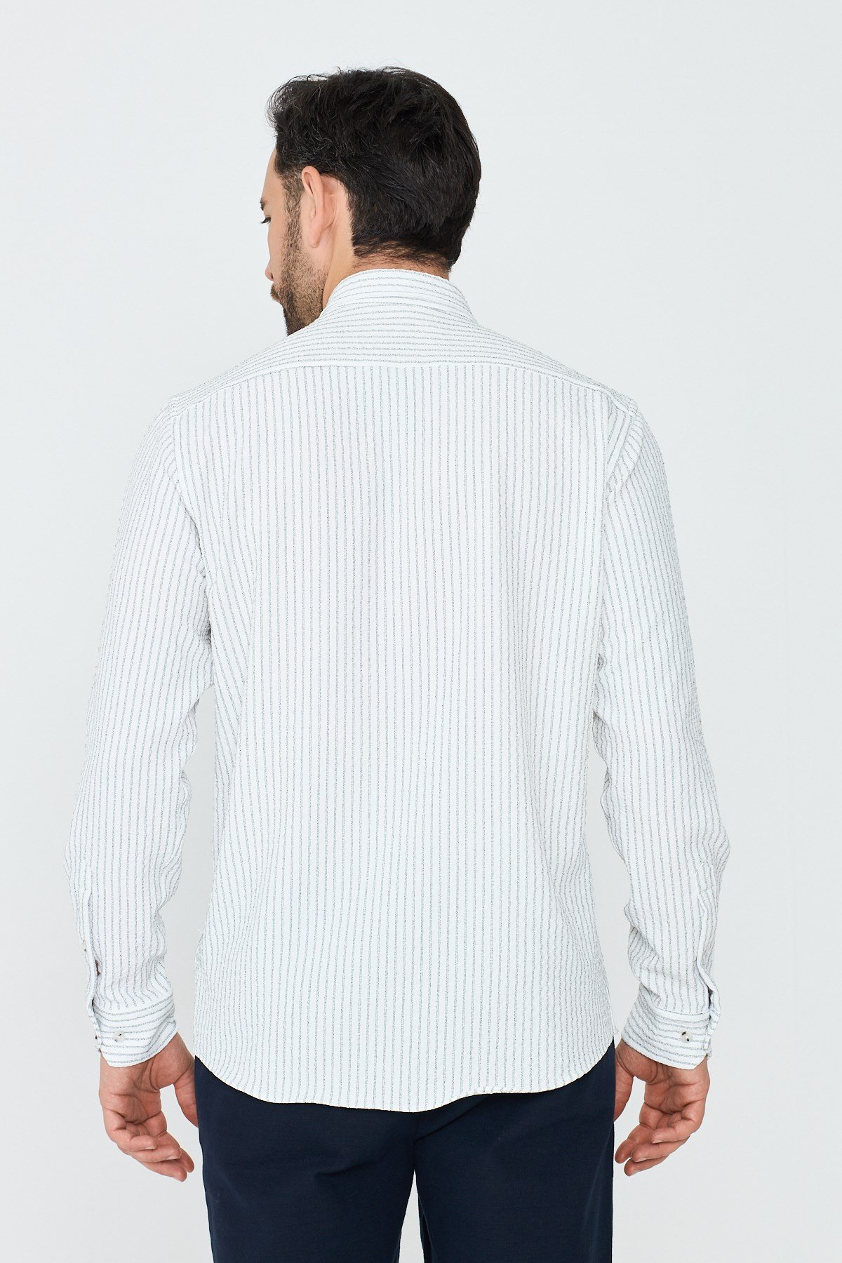 White StoneBeyaz Çizgili Dynamic Fit Erkek Uzun Kollu Gömlek
