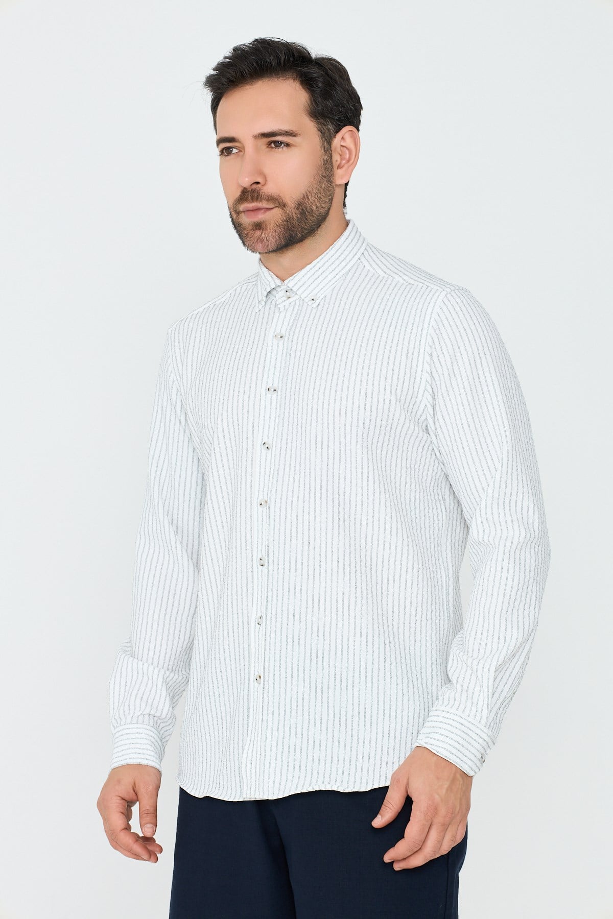White StoneBeyaz Çizgili Dynamic Fit Erkek Uzun Kollu Gömlek