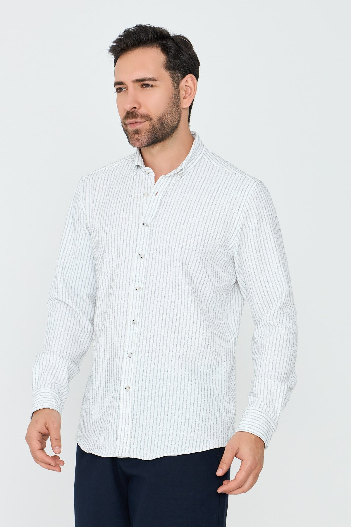 White StoneBeyaz Çizgili Dynamic Fit Erkek Uzun Kollu Gömlek