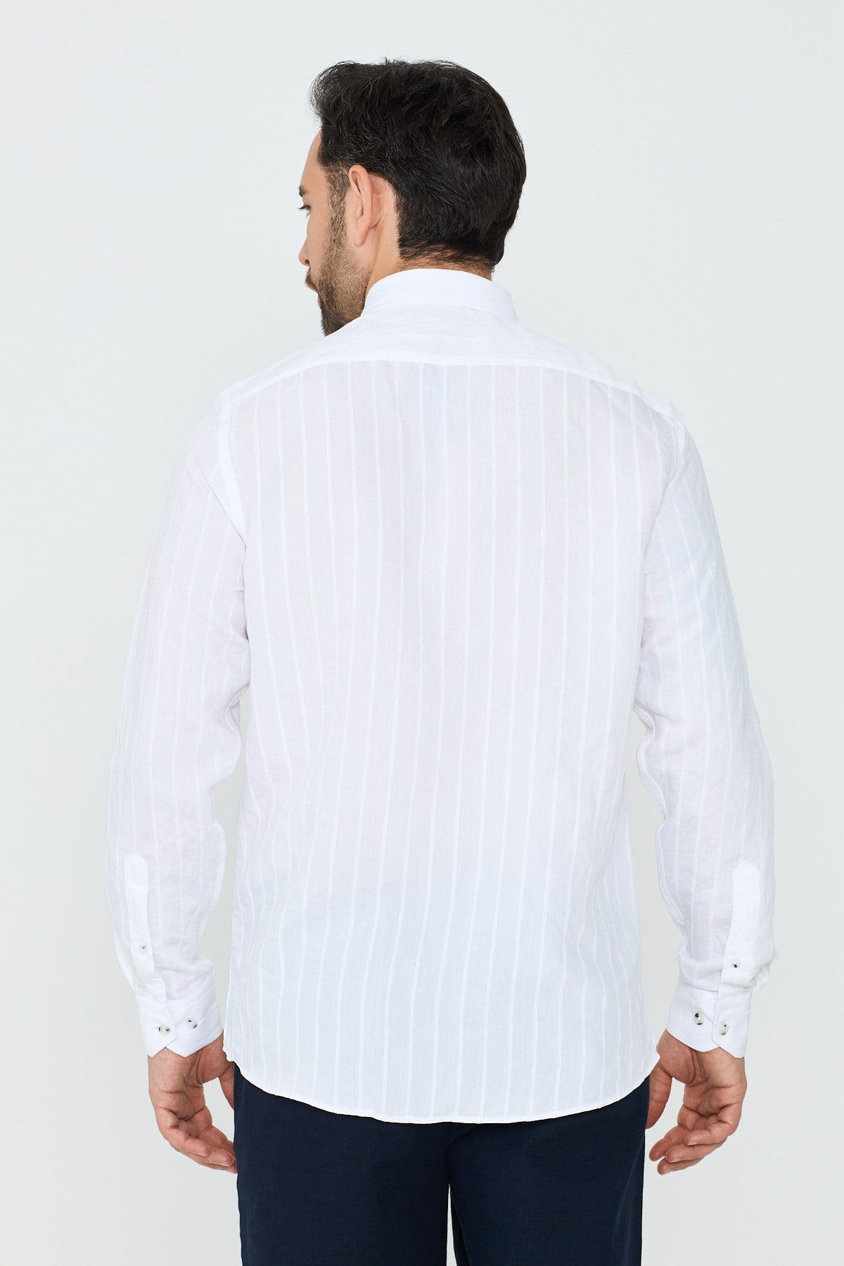 White StoneBeyaz Çizgili Uzun Kollu Dynamic Fit Erkek Gömlek