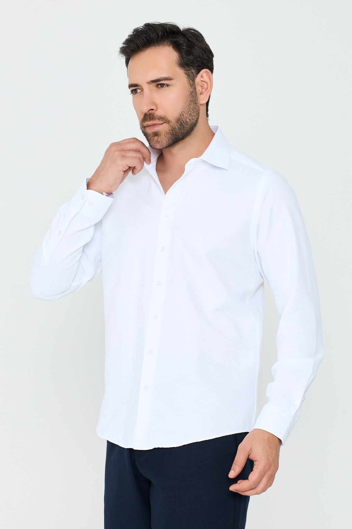 White StoneBeyaz Dokulu Dynamic Fit Erkek Uzun Kollu Gömlek
