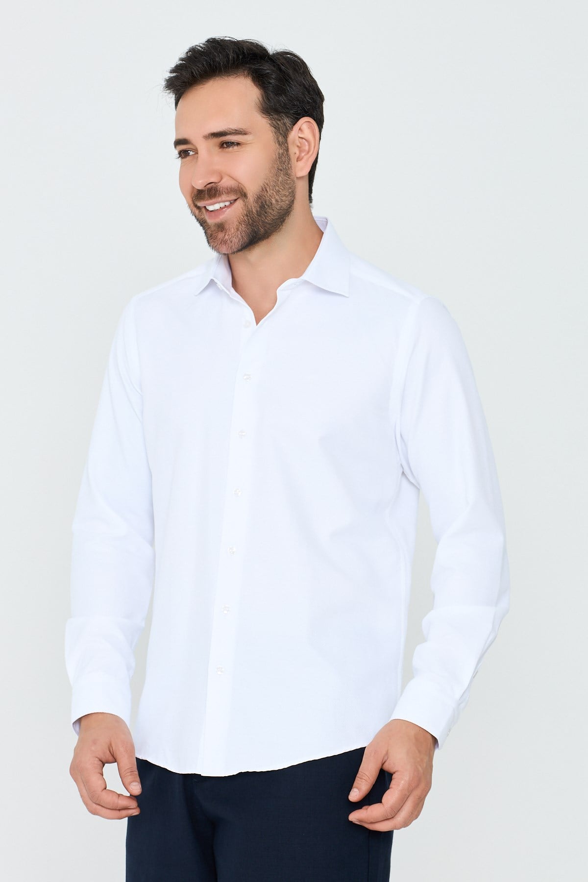 White StoneBeyaz Dokulu Dynamic Fit Erkek Uzun Kollu Gömlek