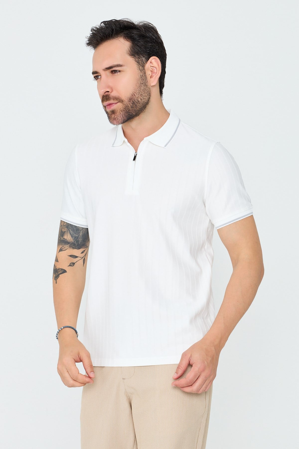 White StoneBeyaz Fermuarlı Erkek Polo Yaka Tişört