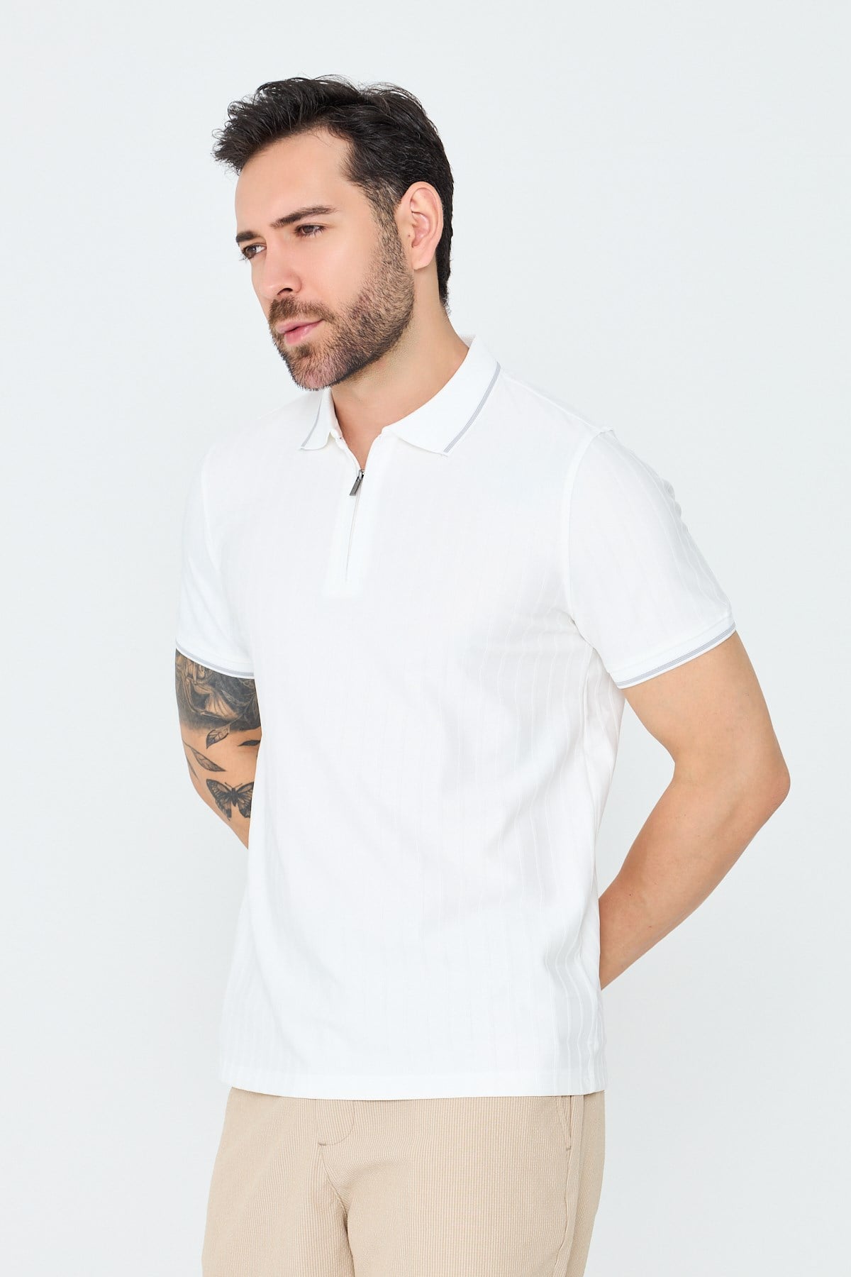 White StoneBeyaz Fermuarlı Erkek Polo Yaka Tişört
