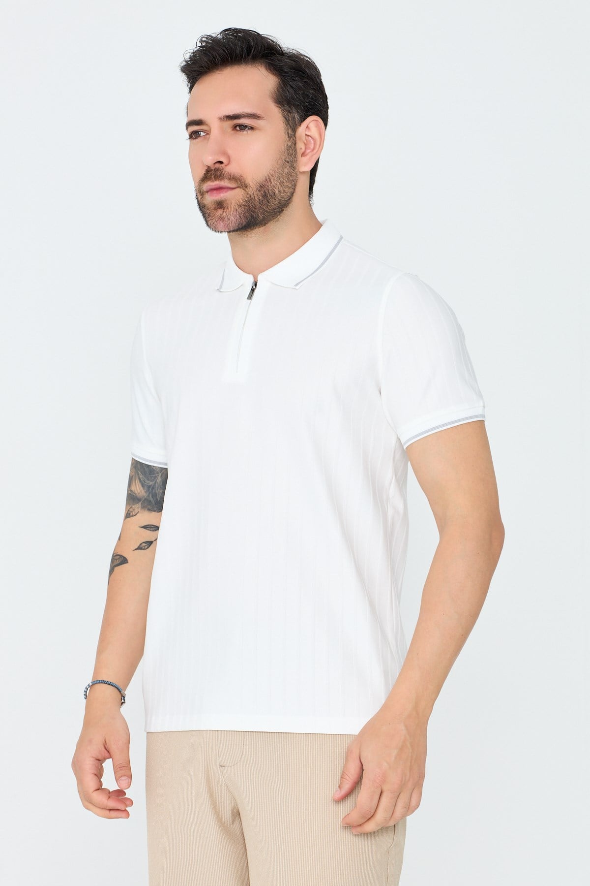 White StoneBeyaz Fermuarlı Erkek Polo Yaka Tişört