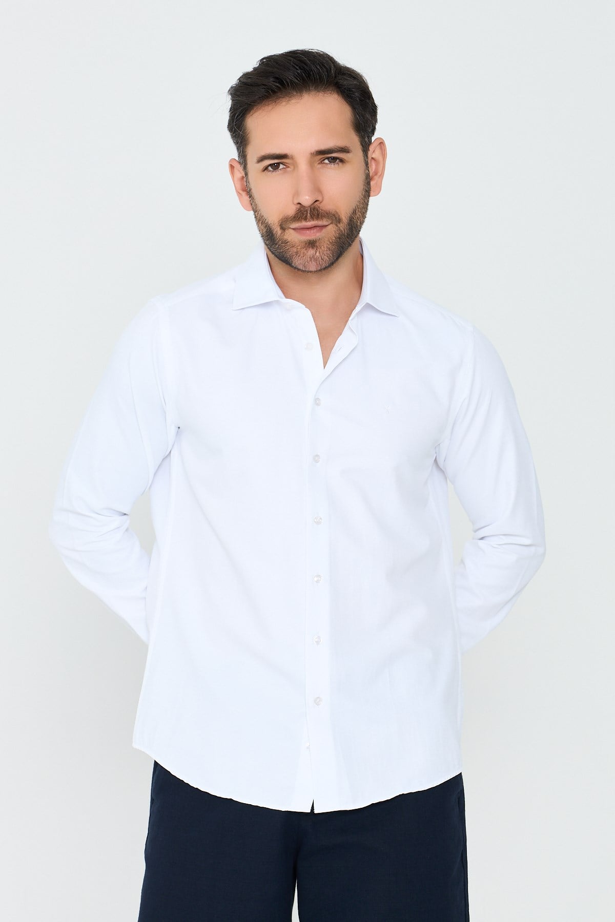 White StoneBeyaz Mikro Çizgili Dynamic Fit Erkek Uzun Kollu Gömlek