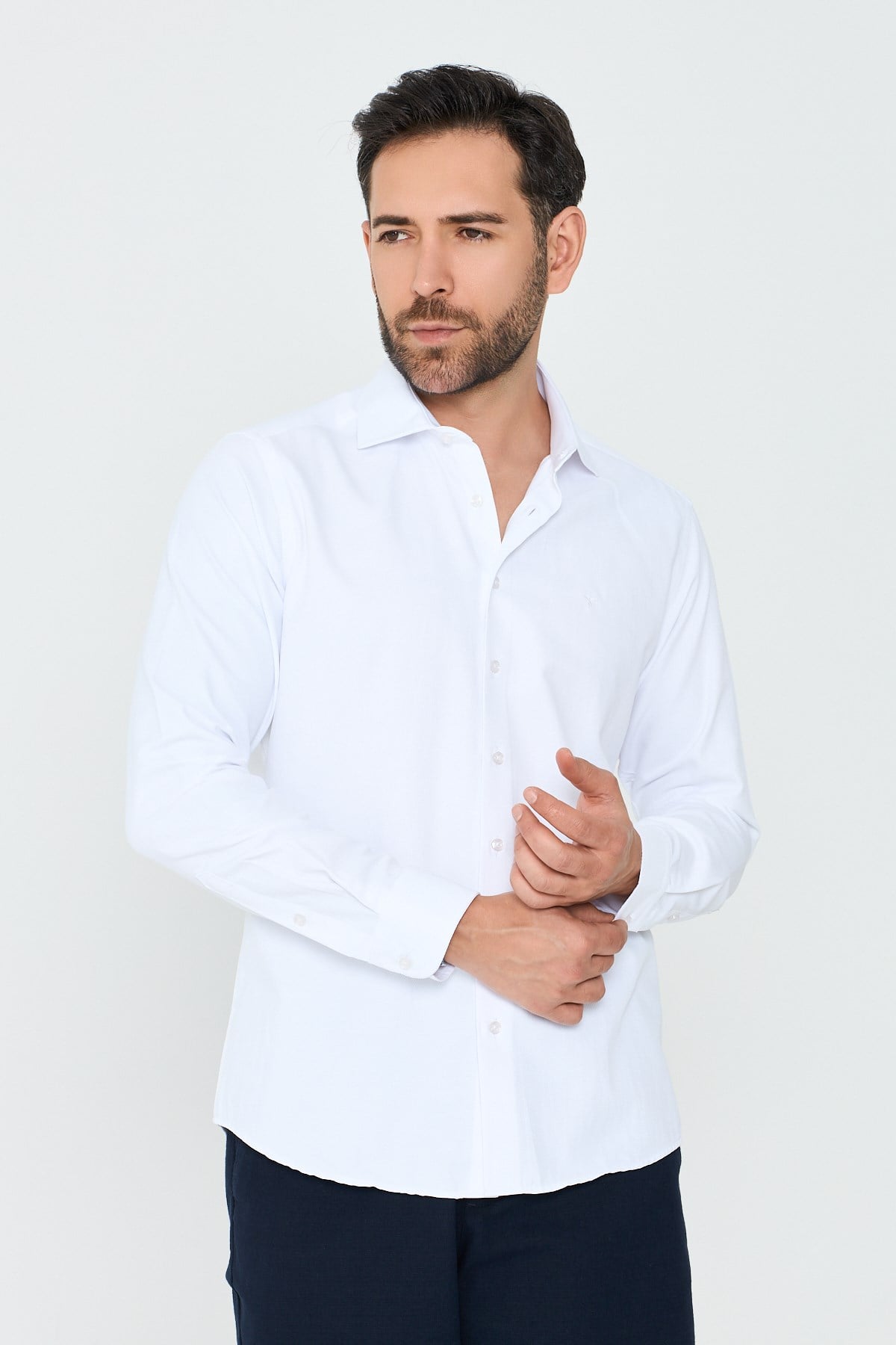 White StoneBeyaz Mikro Çizgili Dynamic Fit Erkek Uzun Kollu Gömlek