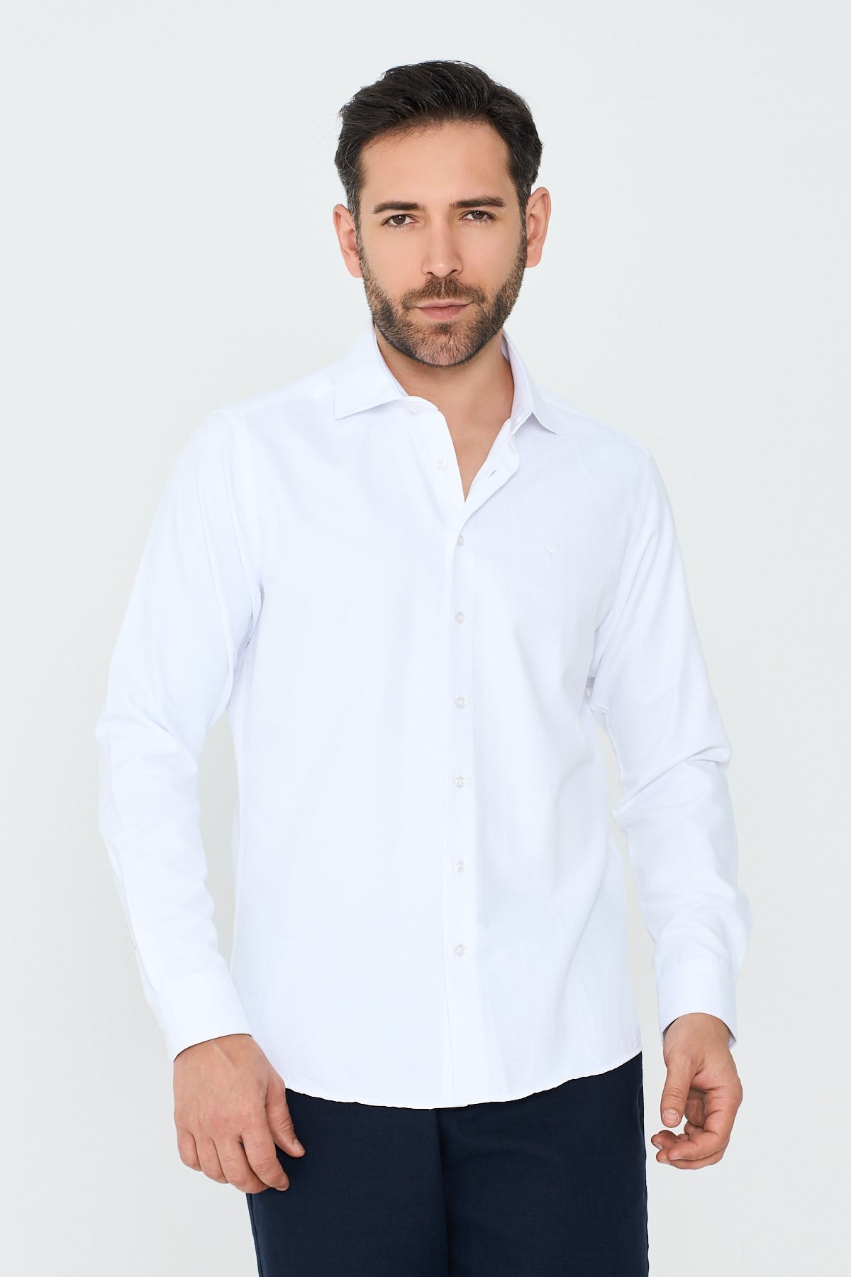 White StoneBeyaz Mikro Çizgili Dynamic Fit Erkek Uzun Kollu Gömlek