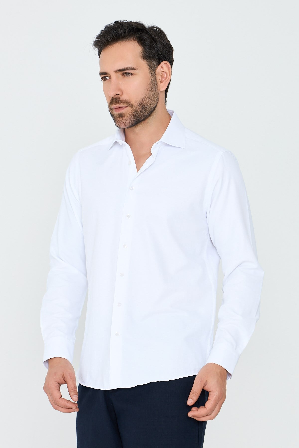 White StoneBeyaz Mikro Çizgili Dynamic Fit Erkek Uzun Kollu Gömlek