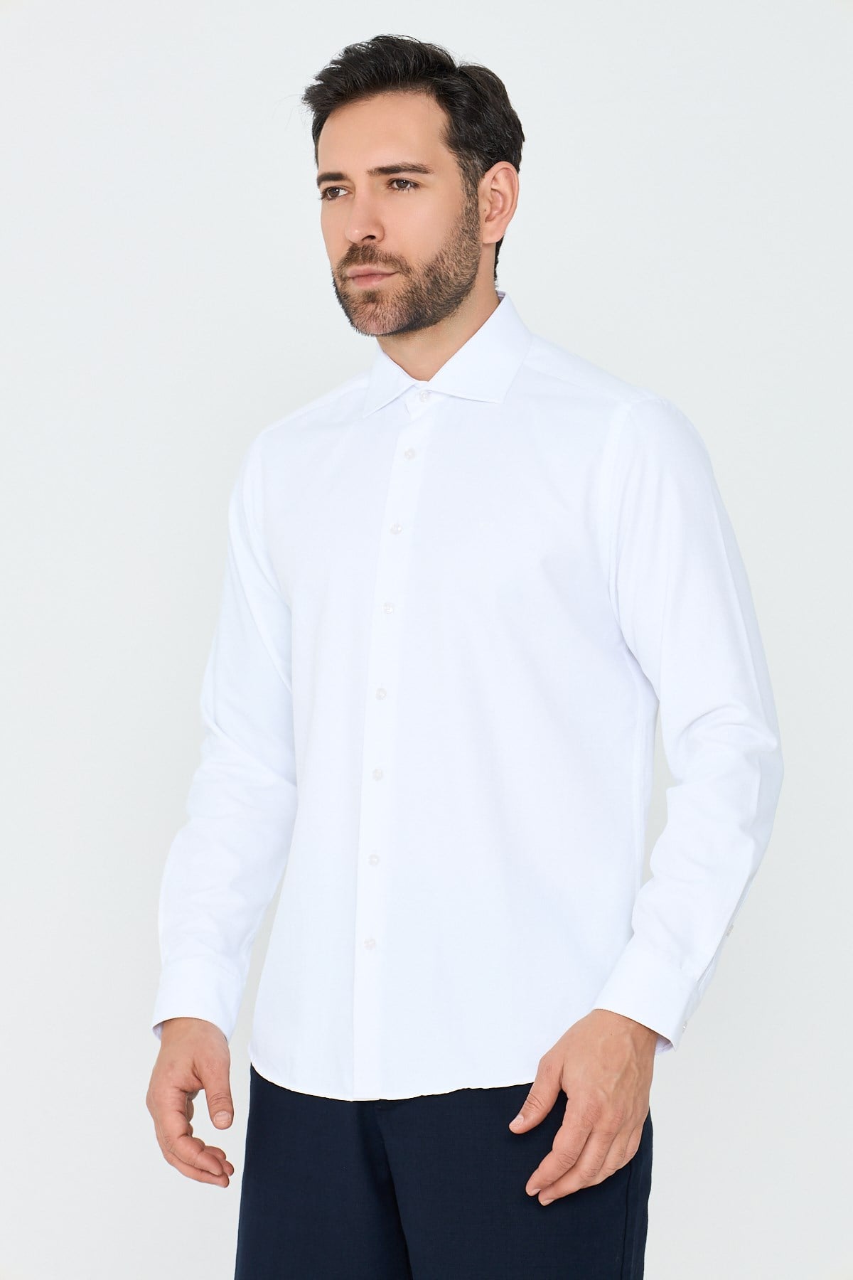 White StoneBeyaz Mikro Çizgili Dynamic Fit Erkek Uzun Kollu Gömlek