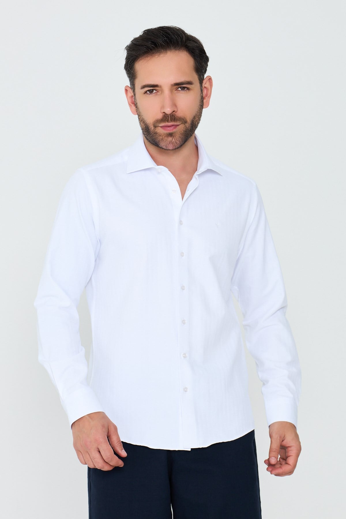 White StoneBeyaz Mikro Desenli Dynamic Fit Uzun Kollu Erkek Gömlek