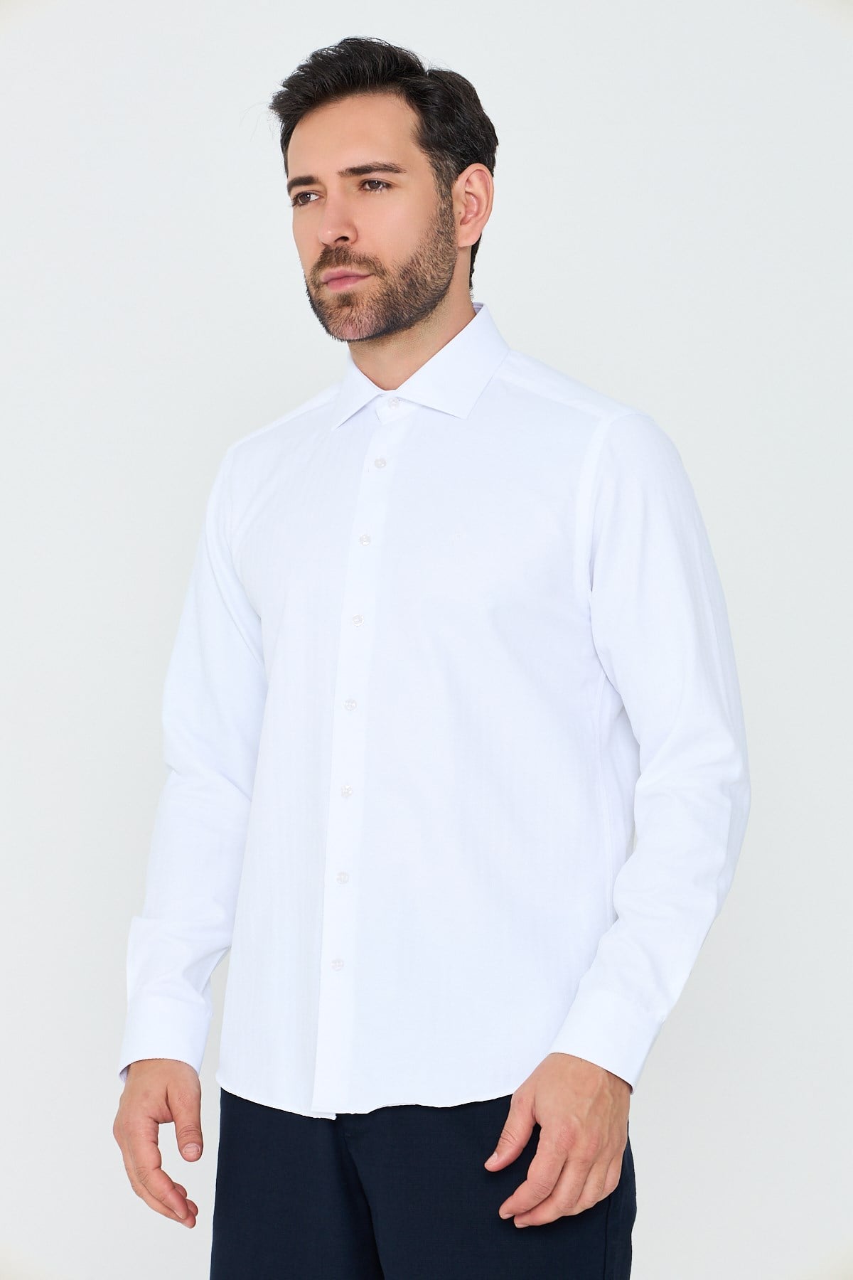 White StoneBeyaz Mikro Desenli Dynamic Fit Uzun Kollu Erkek Gömlek
