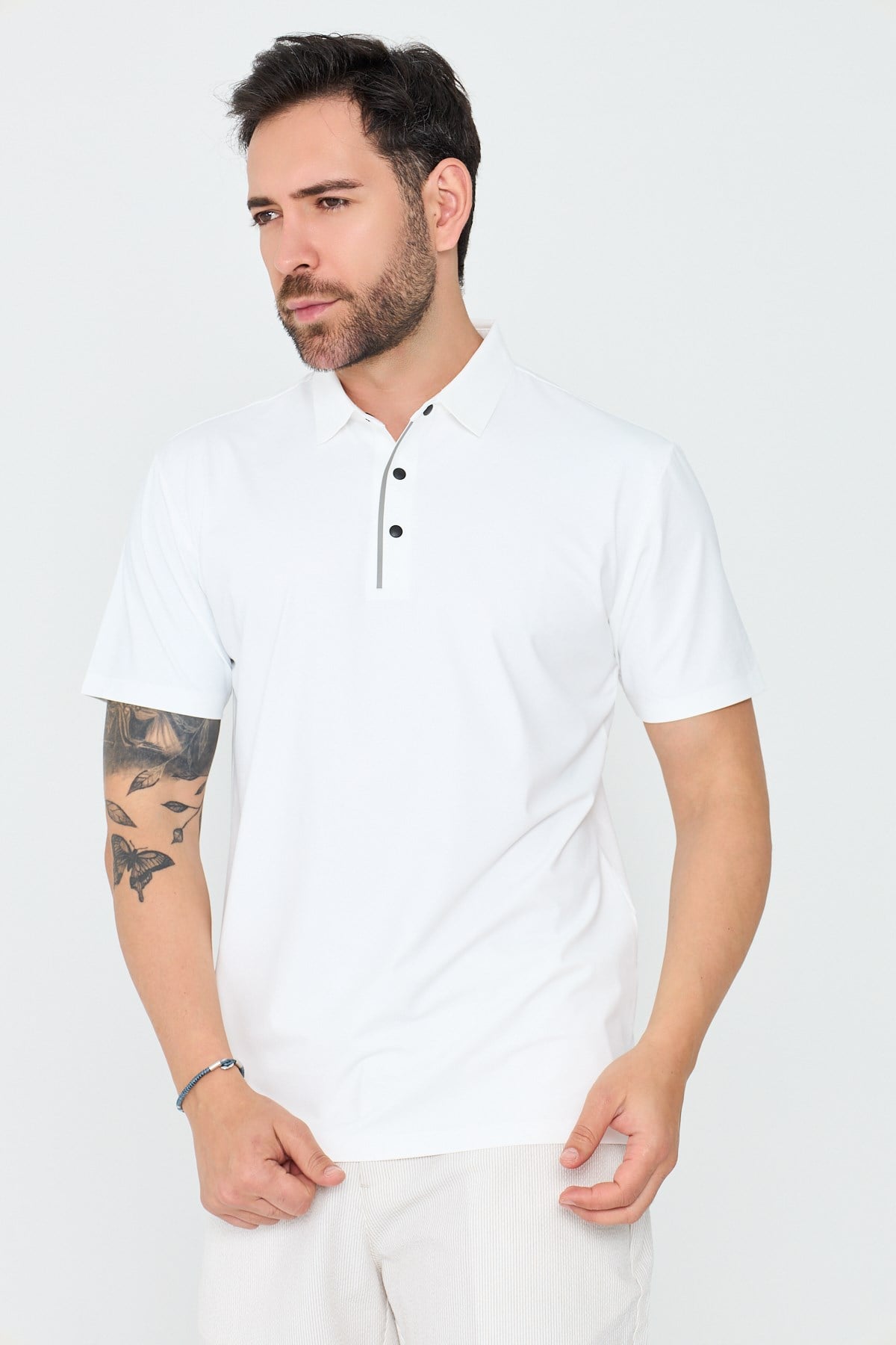 White StoneBeyaz Üç Düğmeli Erkek Polo Yaka Tişört