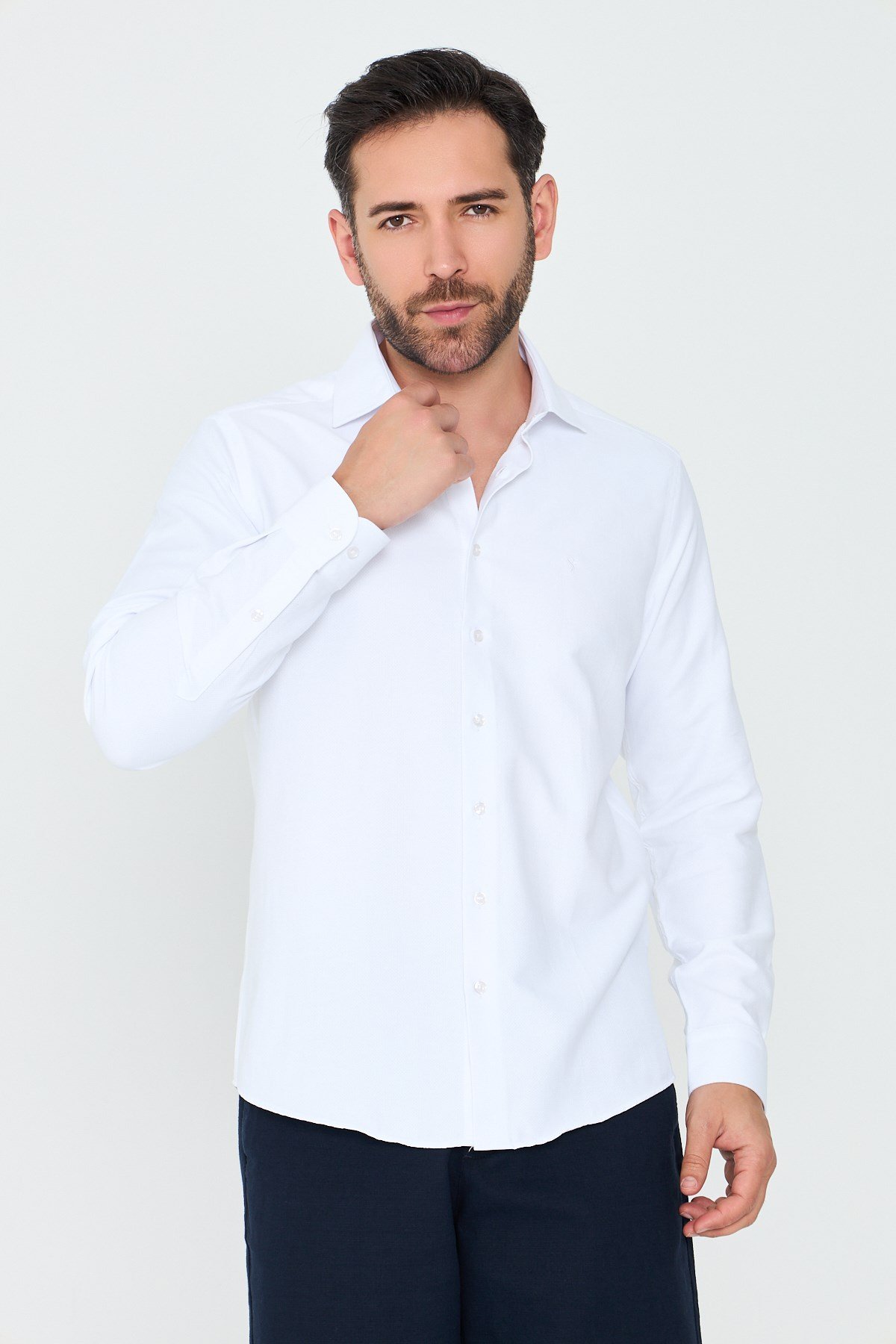 White StoneBeyaz Uzun Kollu Mikro Desenli Dynamic Fit Erkek Gömlek