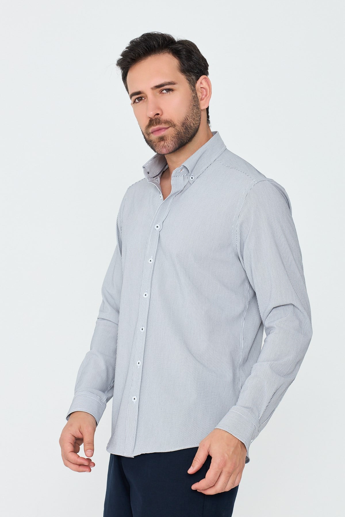 White StoneFüme İnce Çizgili Dynamic Fit Uzun Kollu Gömlek