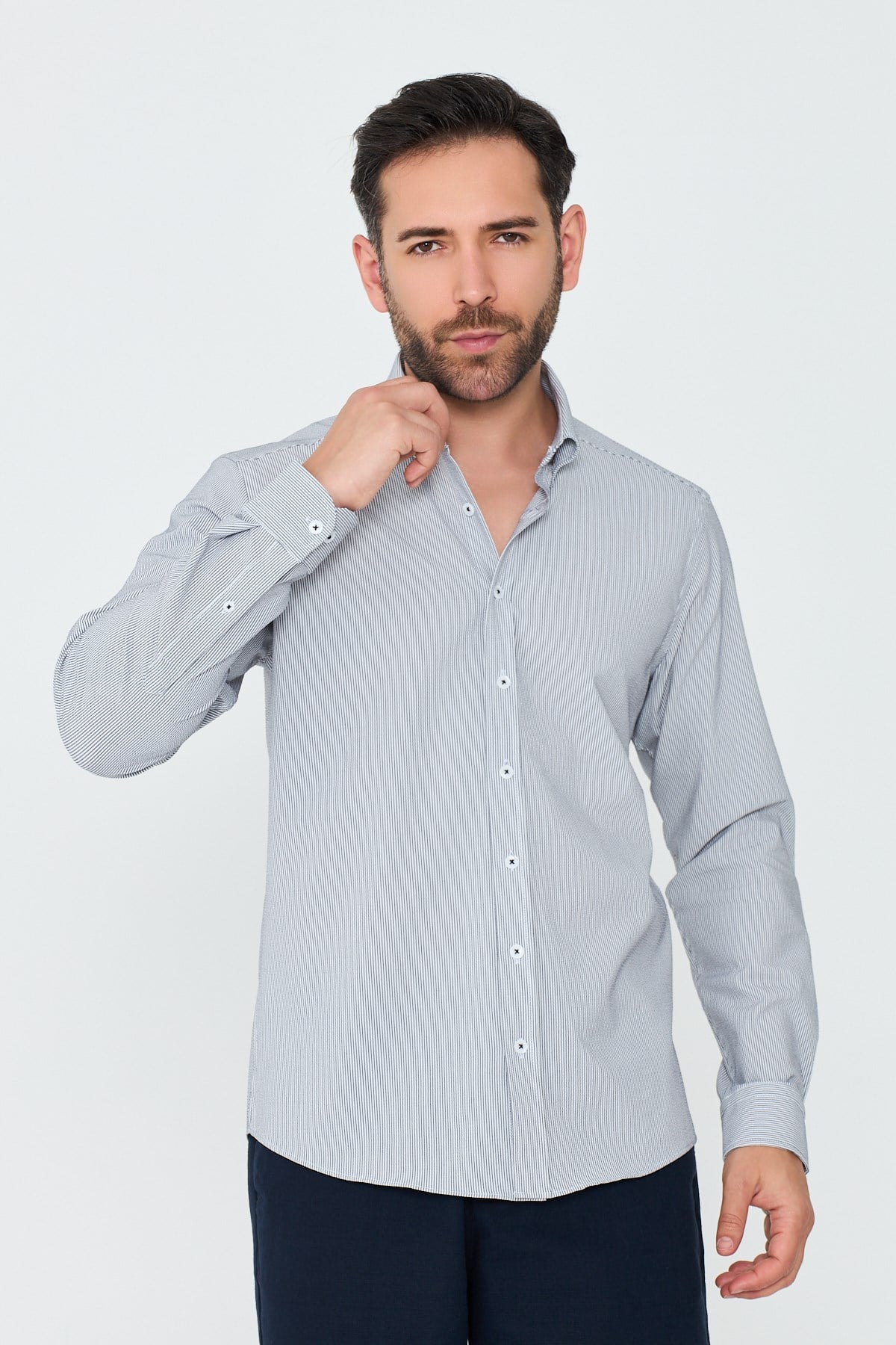White StoneFüme İnce Çizgili Dynamic Fit Uzun Kollu Gömlek