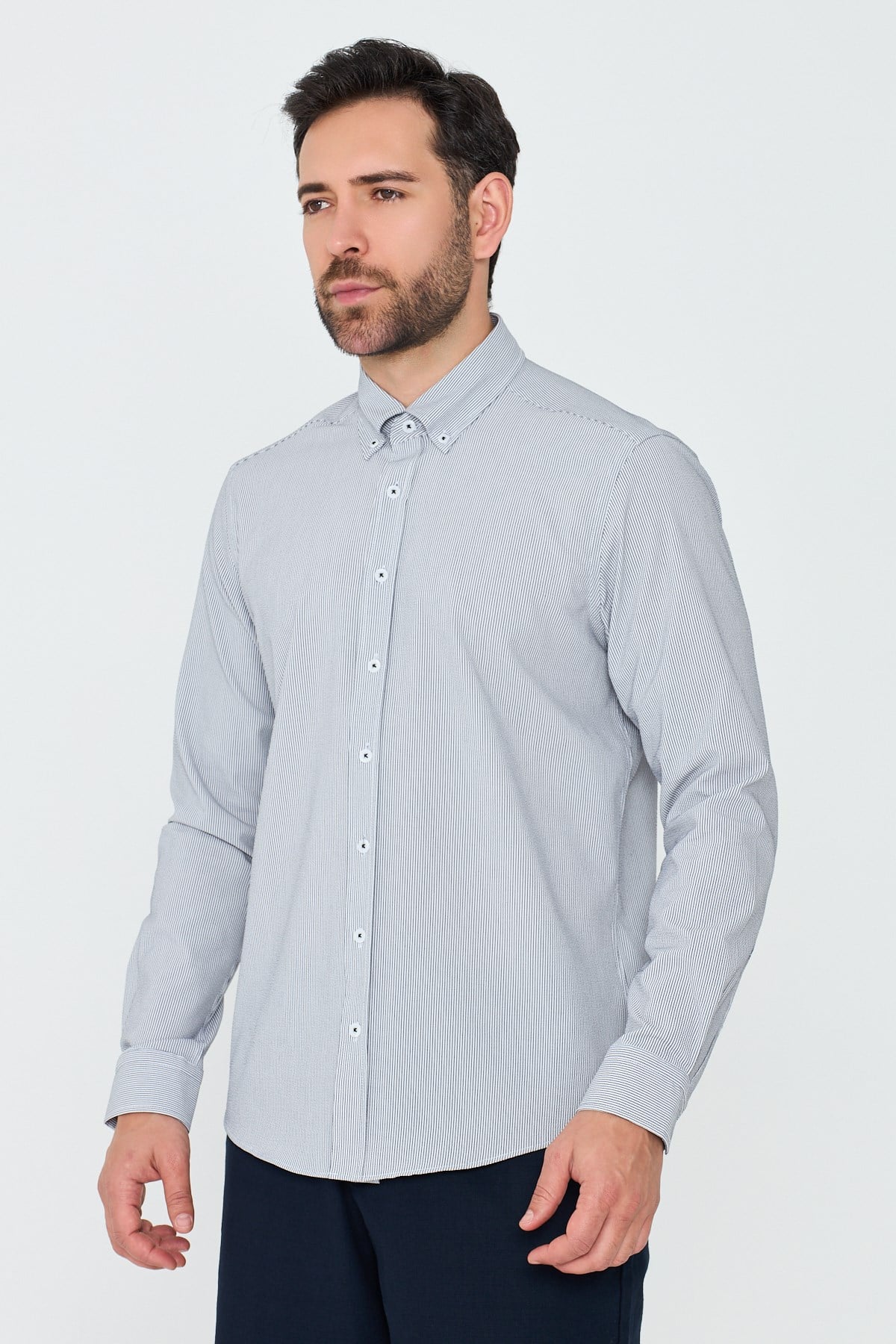 White StoneFüme İnce Çizgili Dynamic Fit Uzun Kollu Gömlek
