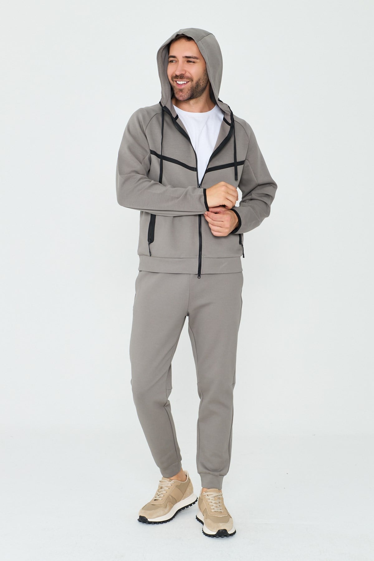 White StoneGri Cepli Kapüşonlu Fermuarlı Erkek Sweatshirt