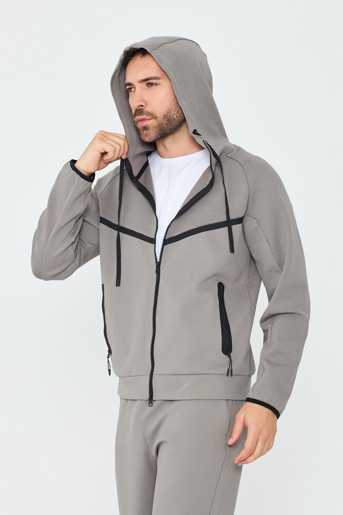 White StoneGri Cepli Kapüşonlu Fermuarlı Erkek Sweatshirt