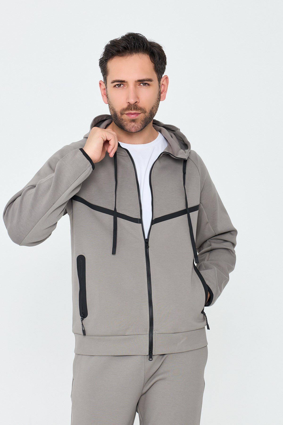 White StoneGri Cepli Kapüşonlu Fermuarlı Erkek Sweatshirt