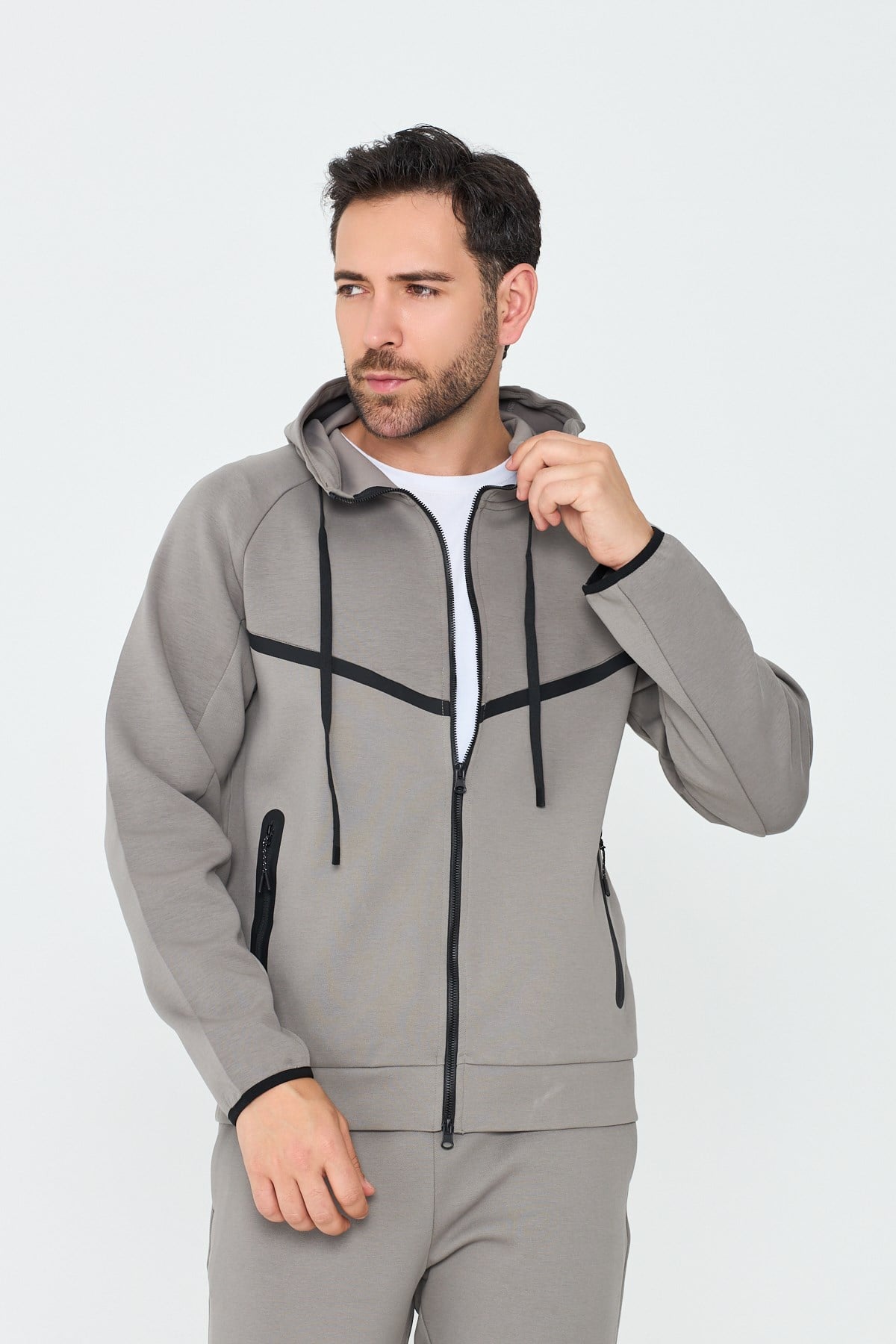 White StoneGri Cepli Kapüşonlu Fermuarlı Erkek Sweatshirt