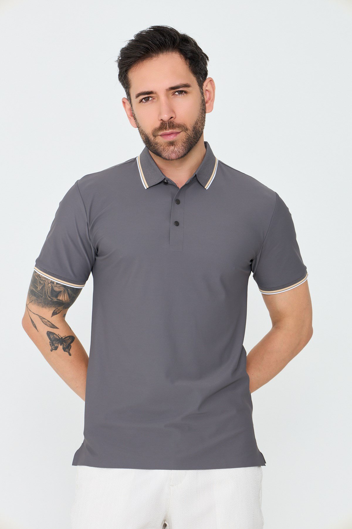 White StoneGri Düğmeli Erkek Polo Yaka Tişört