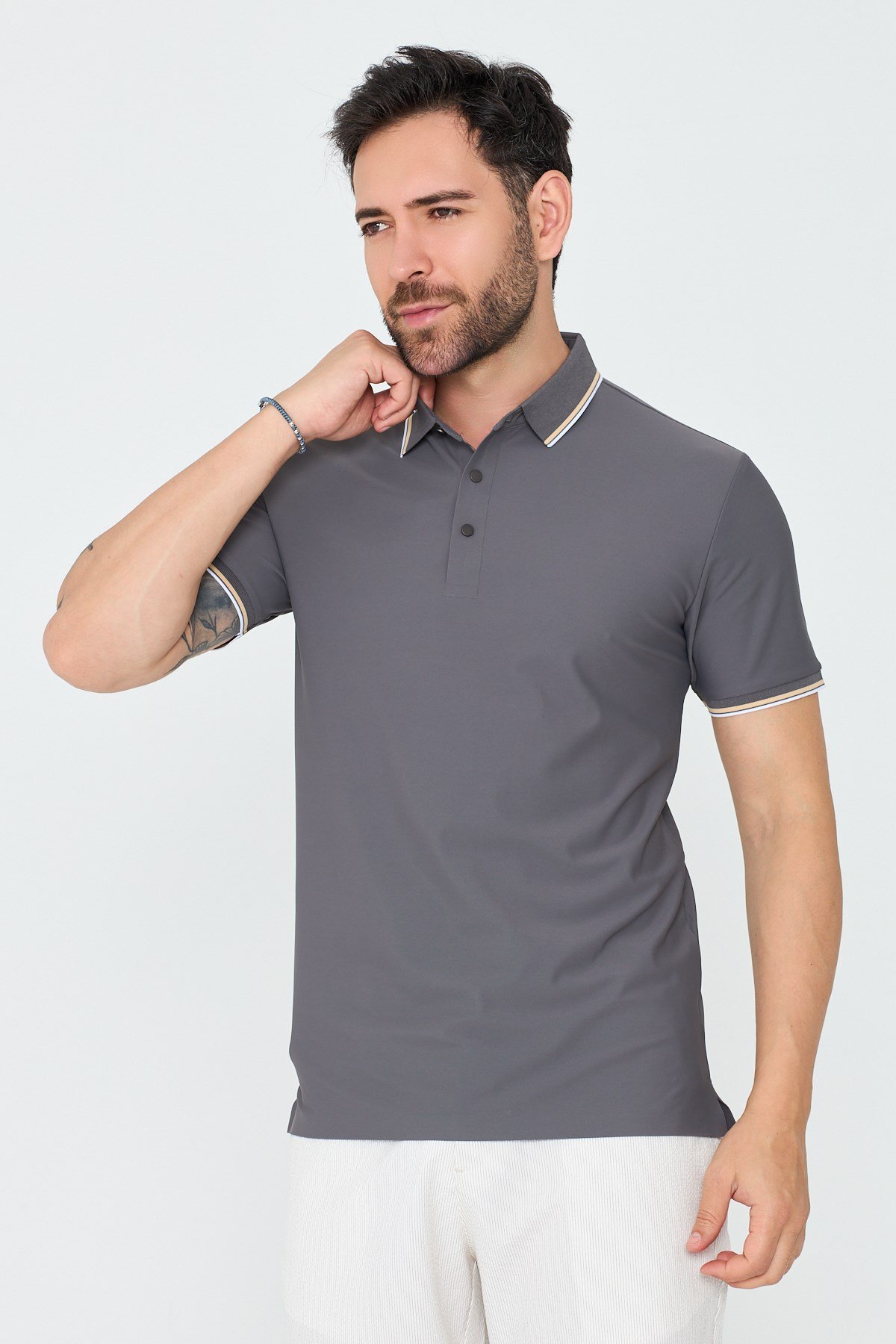 White StoneGri Düğmeli Erkek Polo Yaka Tişört