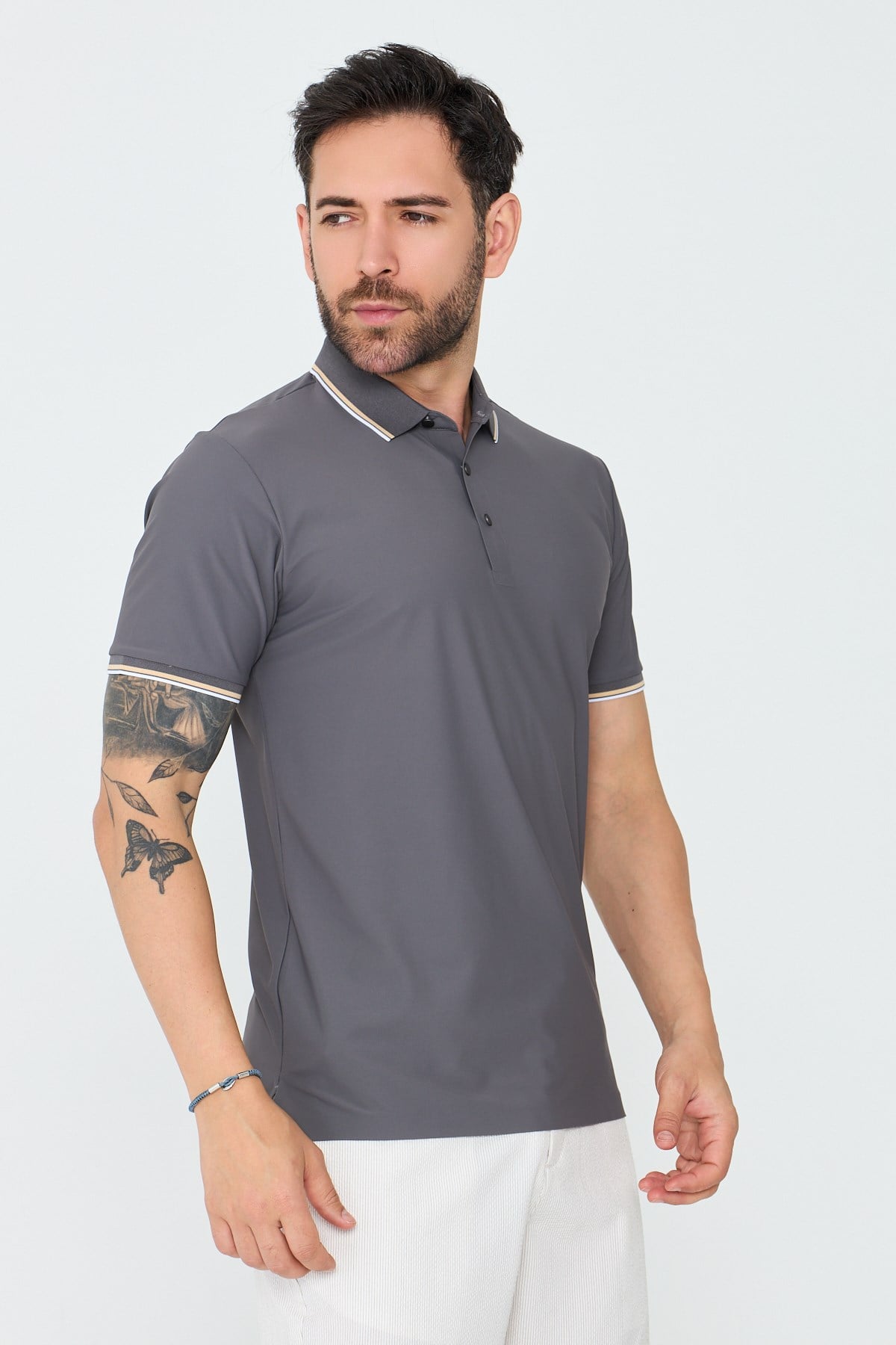 White StoneGri Düğmeli Erkek Polo Yaka Tişört