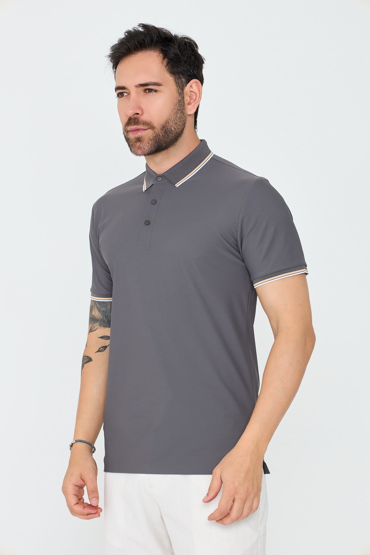 White StoneGri Düğmeli Erkek Polo Yaka Tişört