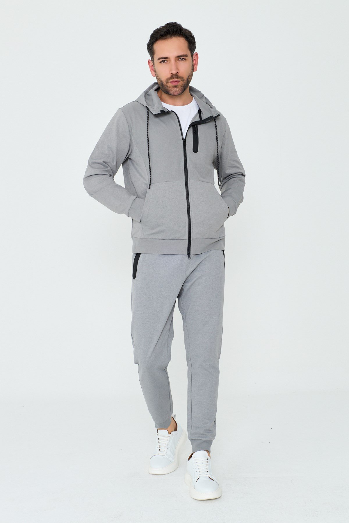 White StoneGri Kapüşonlı Fermuarlı Erkek Sweatshirt