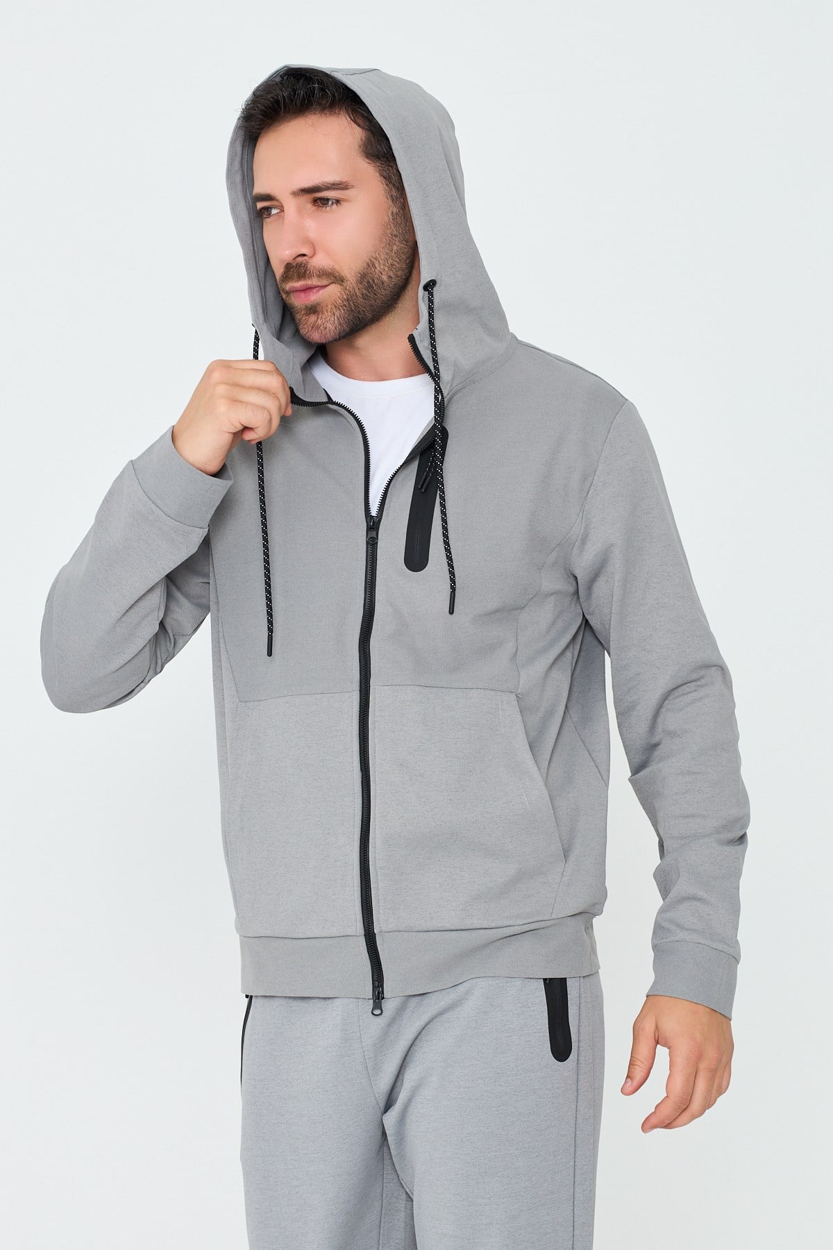 White StoneGri Kapüşonlı Fermuarlı Erkek Sweatshirt