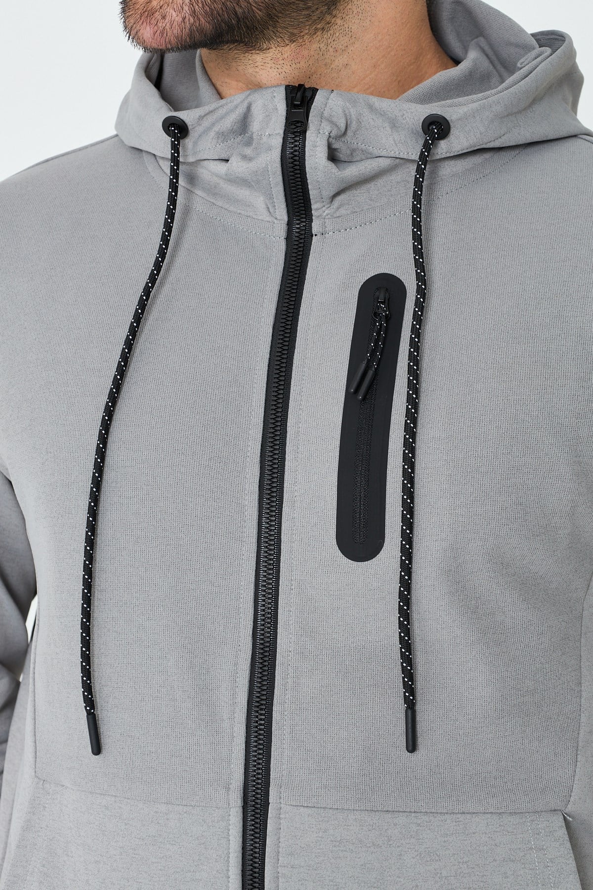 White StoneGri Kapüşonlı Fermuarlı Erkek Sweatshirt