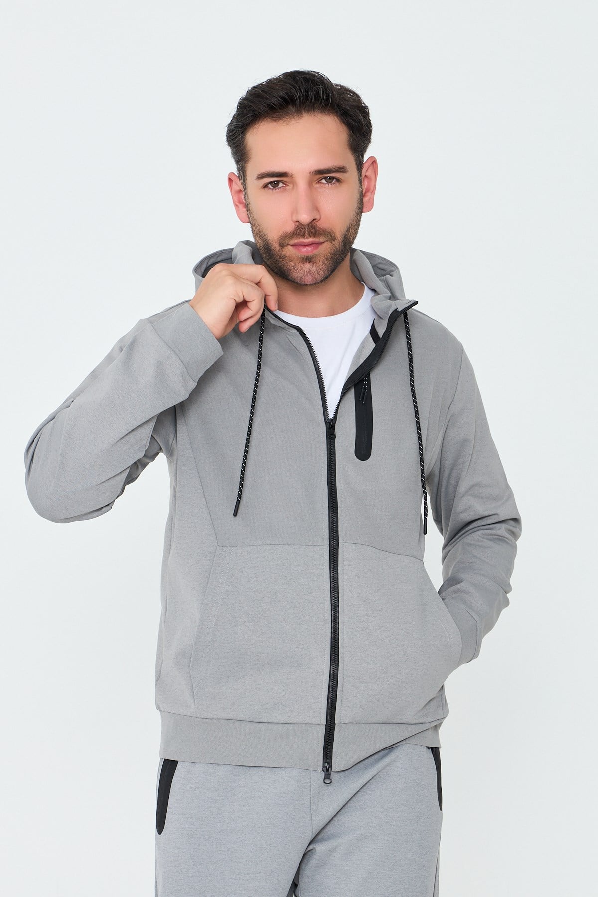 White StoneGri Kapüşonlı Fermuarlı Erkek Sweatshirt