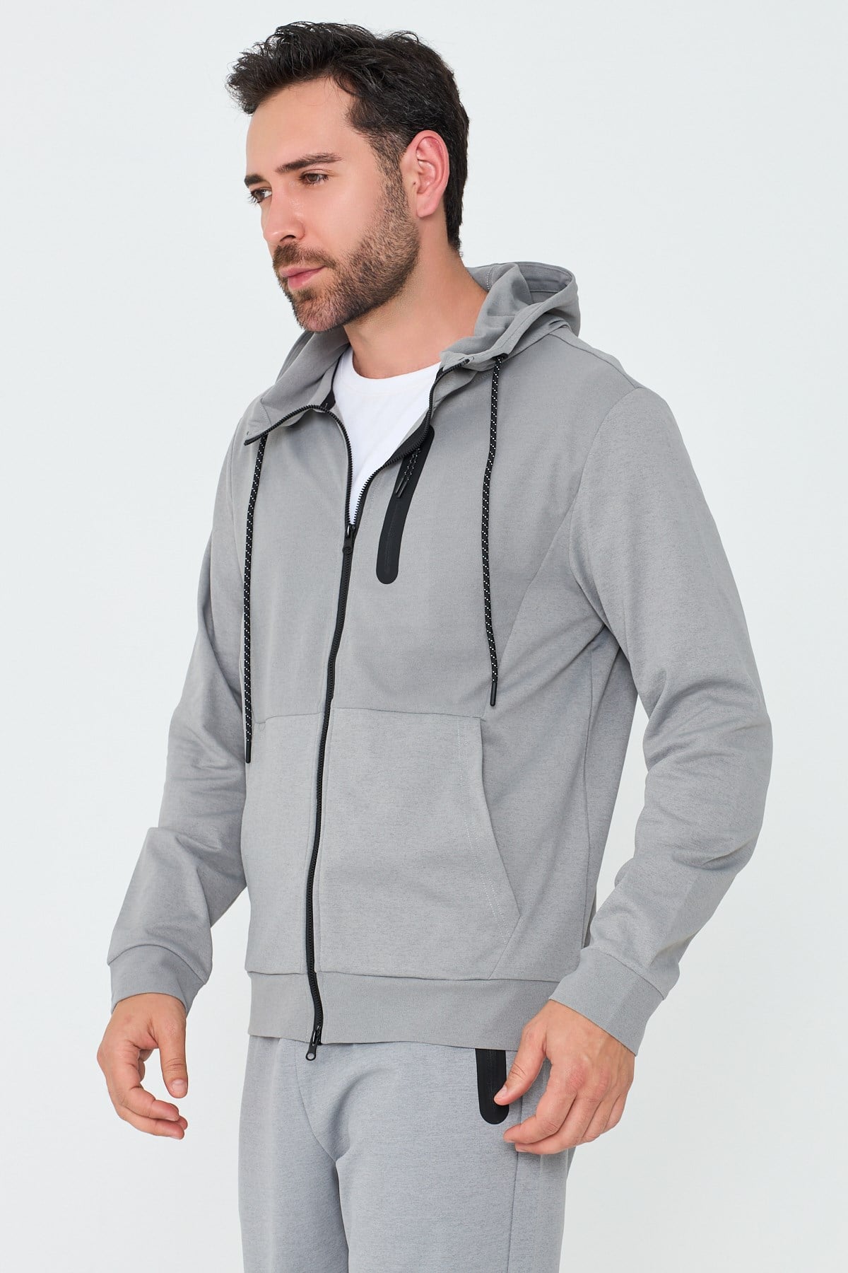 White StoneGri Kapüşonlı Fermuarlı Erkek Sweatshirt
