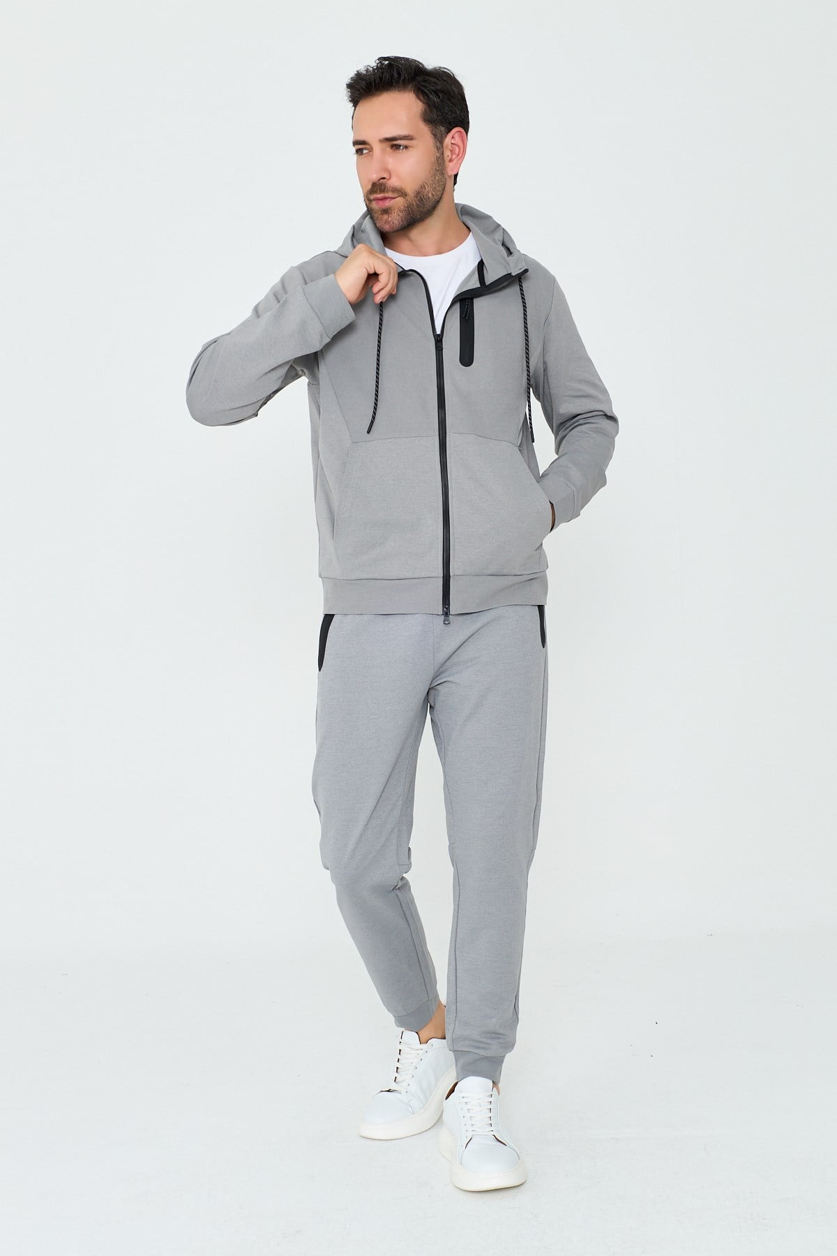 White StoneGri Kapüşonlı Fermuarlı Erkek Sweatshirt