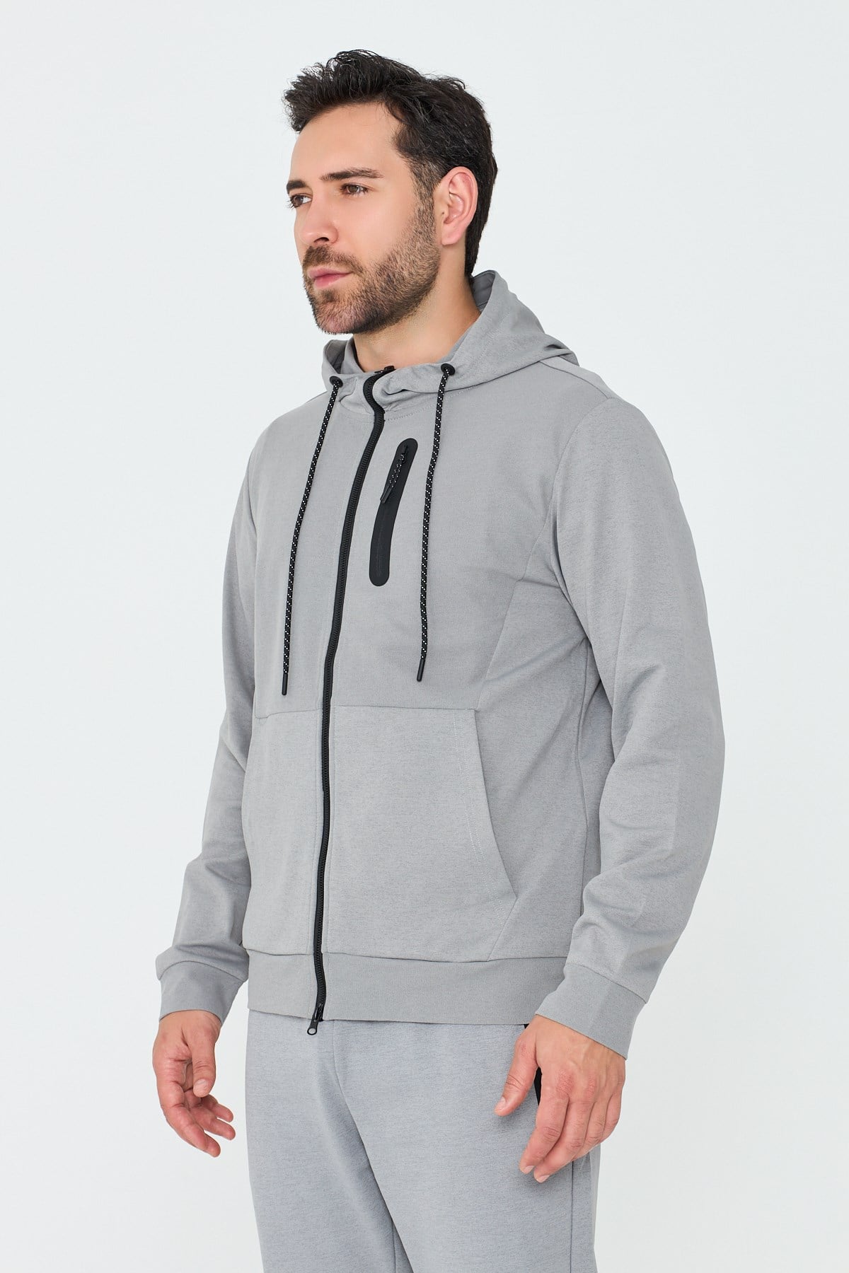 White StoneGri Kapüşonlı Fermuarlı Erkek Sweatshirt