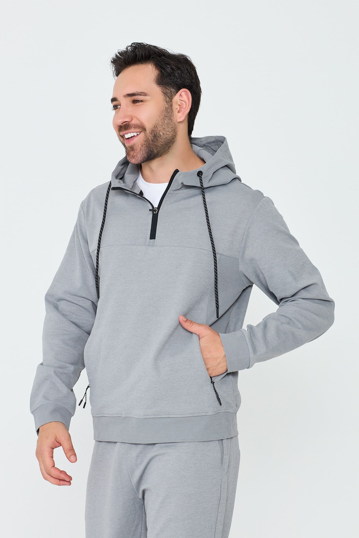 White StoneGri Kapüşonlu Yarım Fermuarlı Yandan Cepli Erkek Sweatshirt