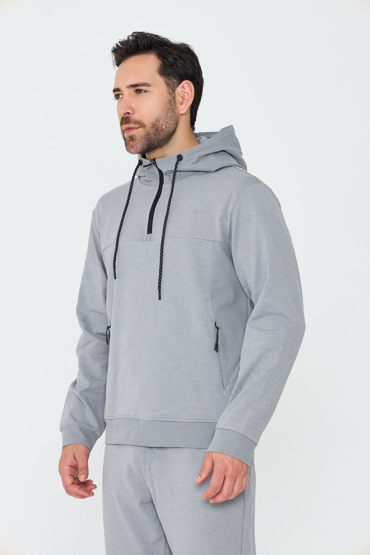 White StoneGri Kapüşonlu Yarım Fermuarlı Yandan Cepli Erkek Sweatshirt
