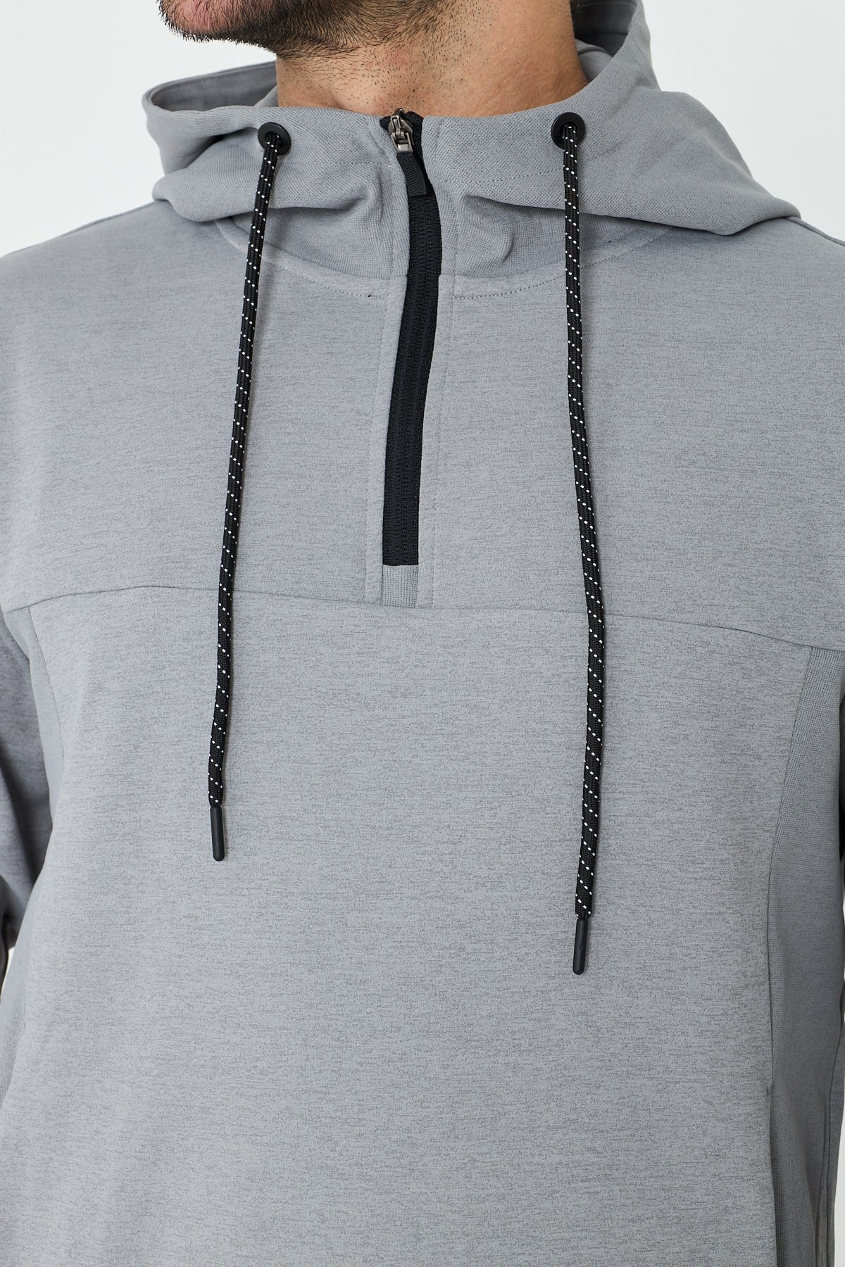 White StoneGri Kapüşonlu Yarım Fermuarlı Yandan Cepli Erkek Sweatshirt