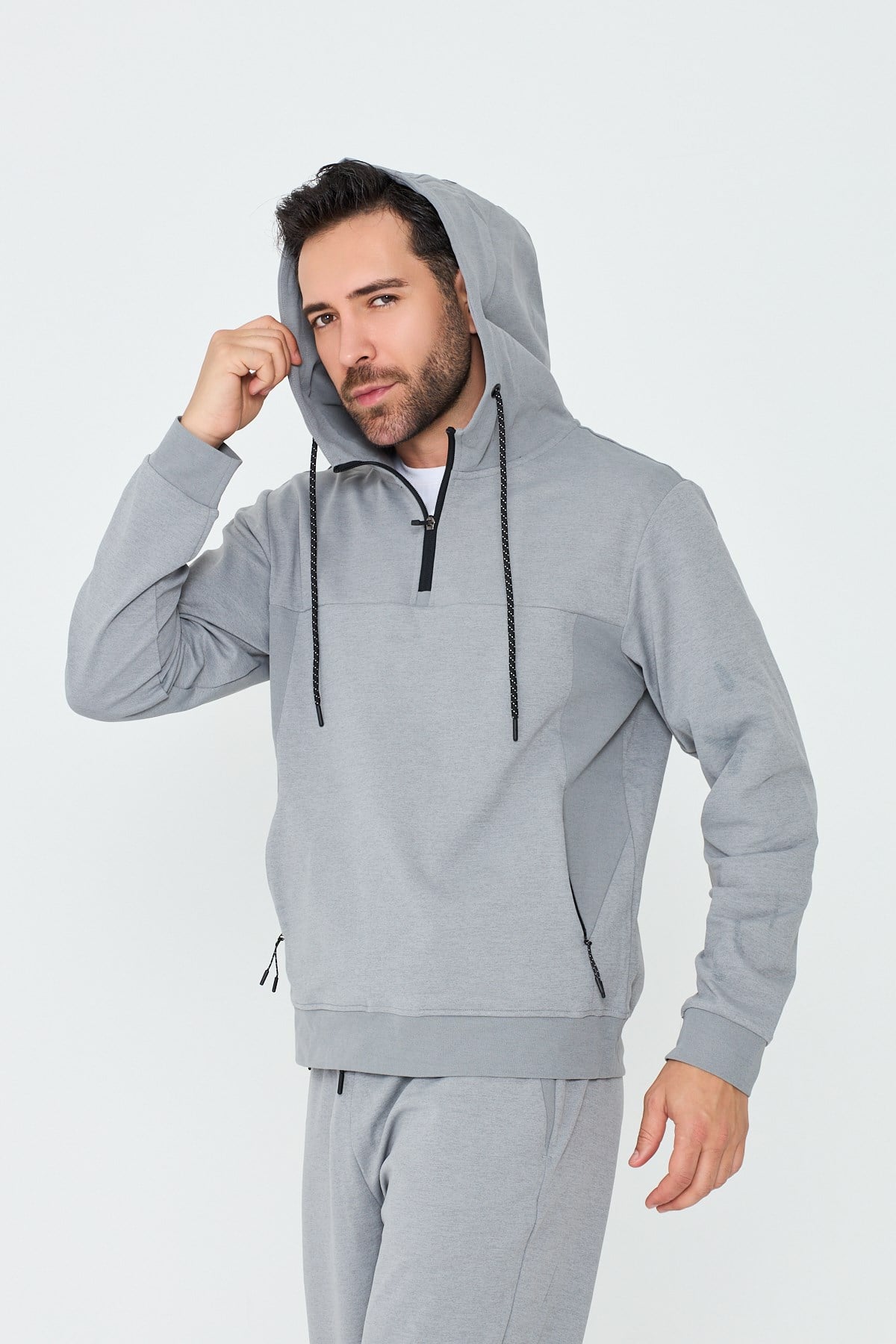 White StoneGri Kapüşonlu Yarım Fermuarlı Yandan Cepli Erkek Sweatshirt