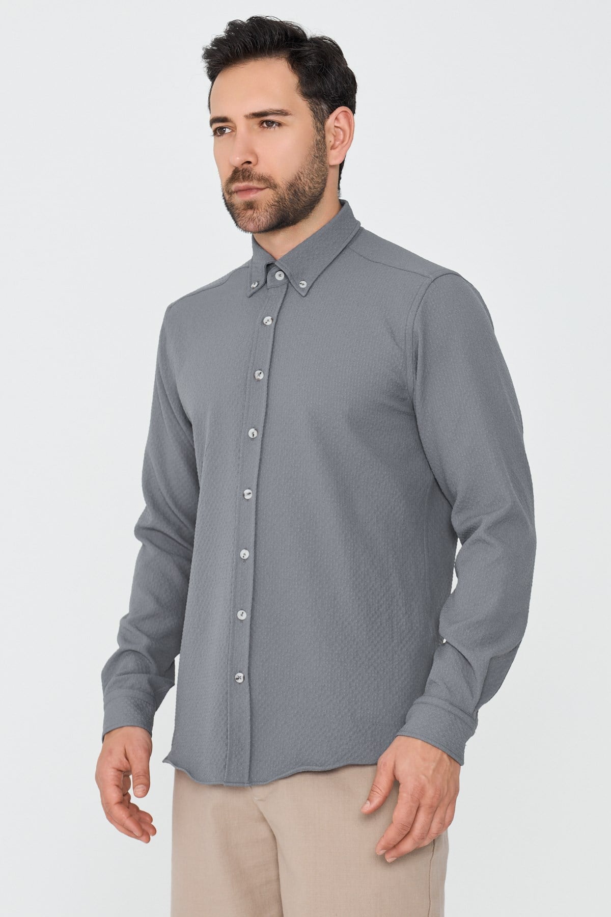White StoneGri Mikro Desenli Dynamic Fit Uzun Kollu Gömlek