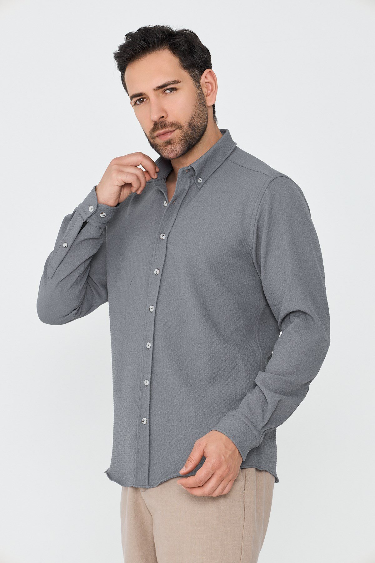 White StoneGri Mikro Desenli Dynamic Fit Uzun Kollu Gömlek