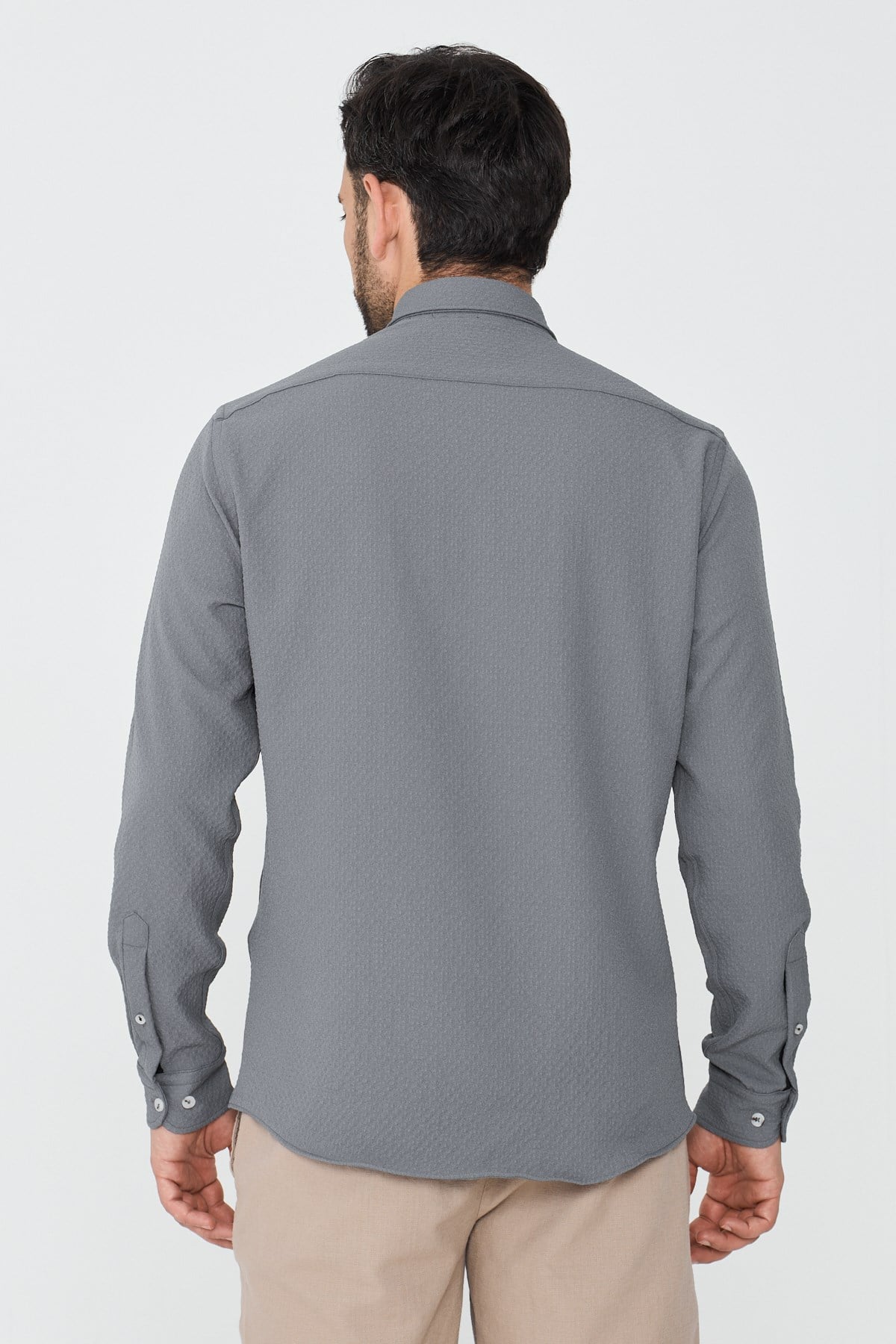 White StoneGri Mikro Desenli Dynamic Fit Uzun Kollu Gömlek