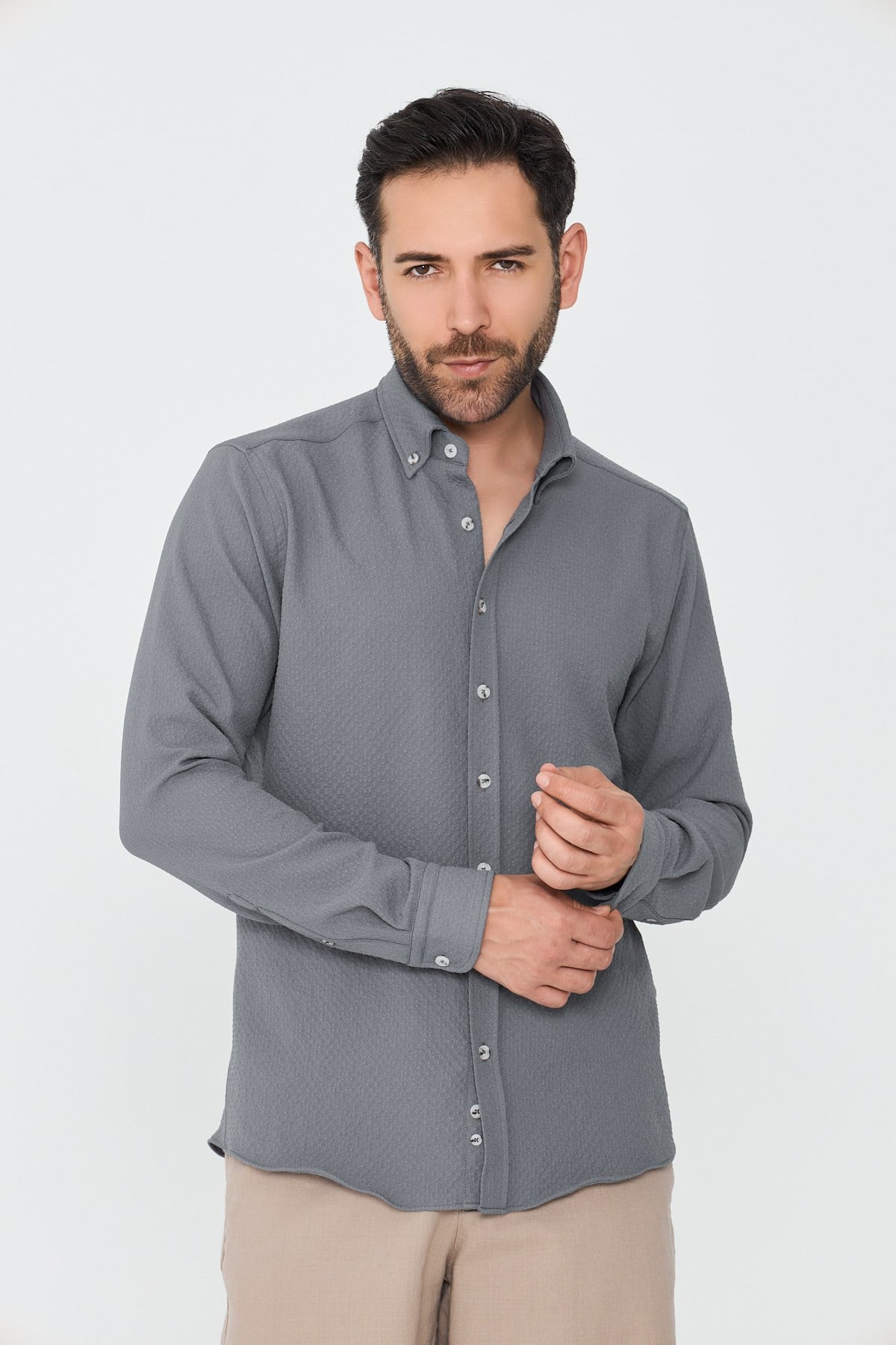 White StoneGri Mikro Desenli Dynamic Fit Uzun Kollu Gömlek