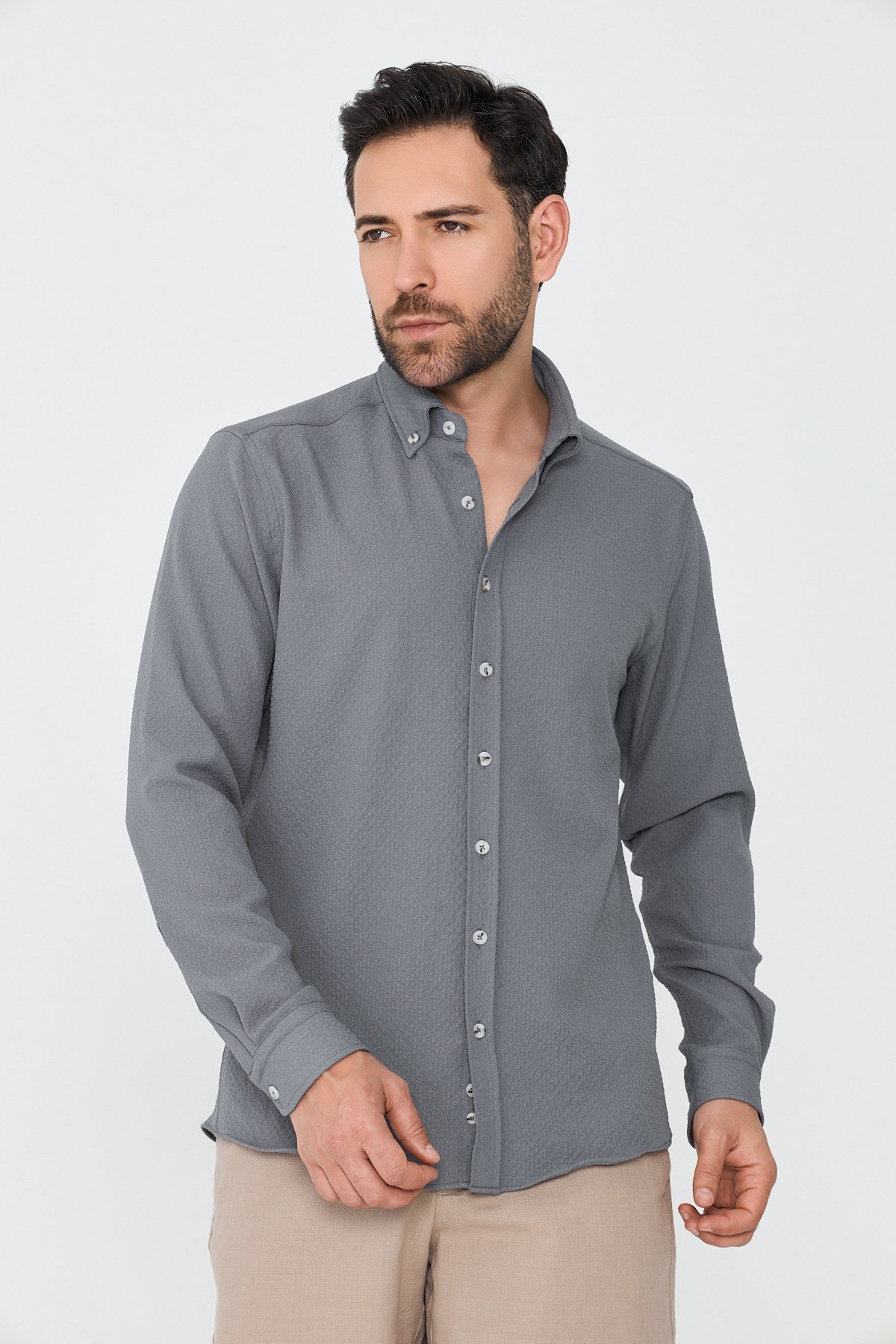 White StoneGri Mikro Desenli Dynamic Fit Uzun Kollu Gömlek