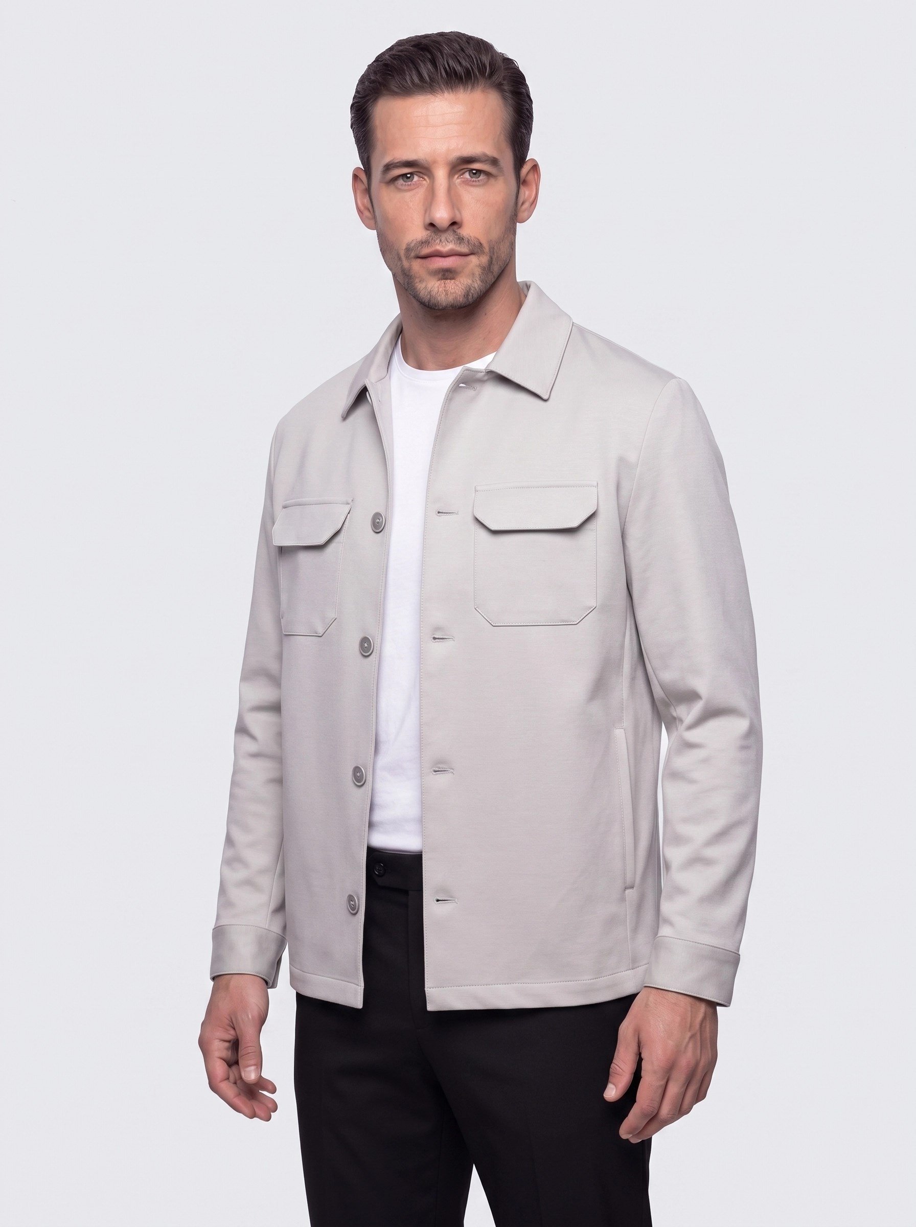 White StoneGri Regular Fit Ön Cepli Erkek Gömlek Mont