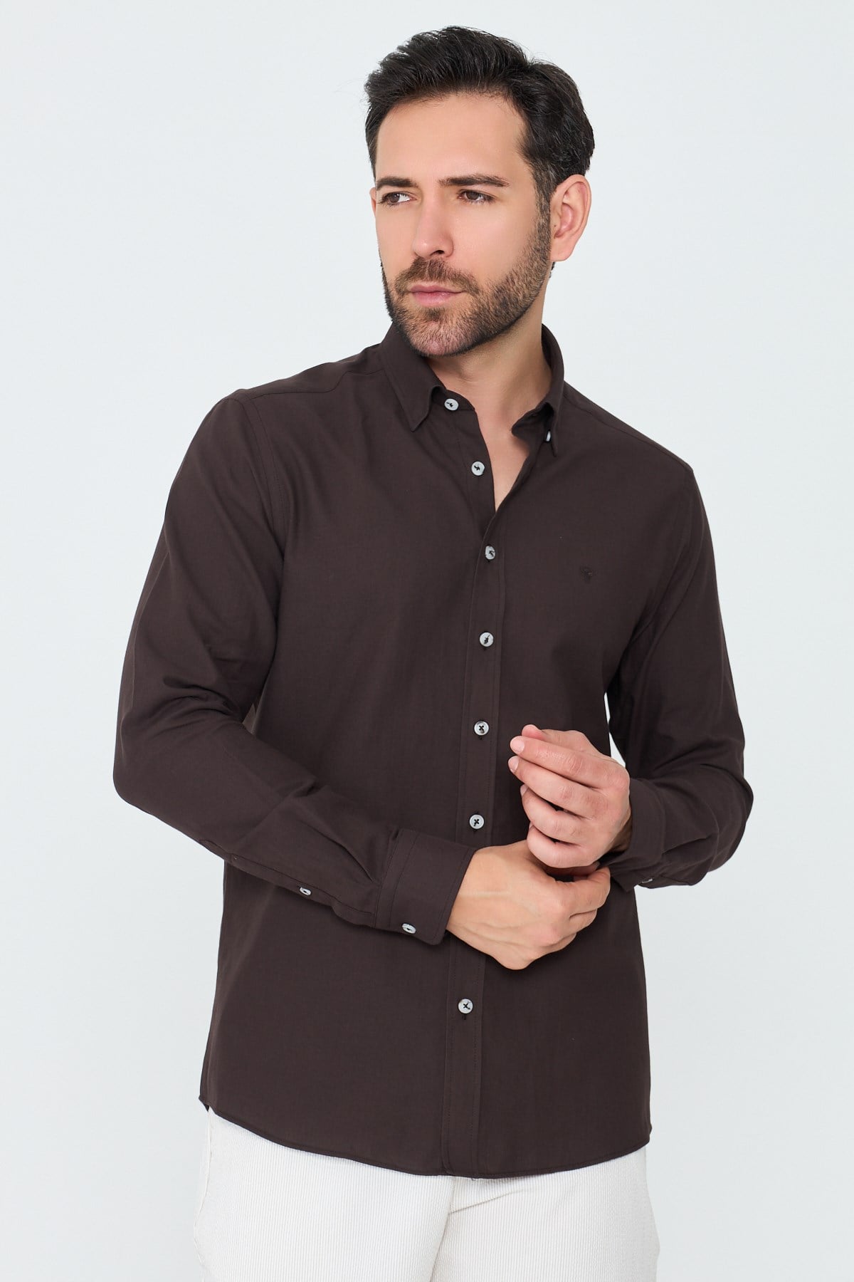 White StoneKahverengi %100 Pamuk Dynamic Fit Uzun Kollu Gömlek
