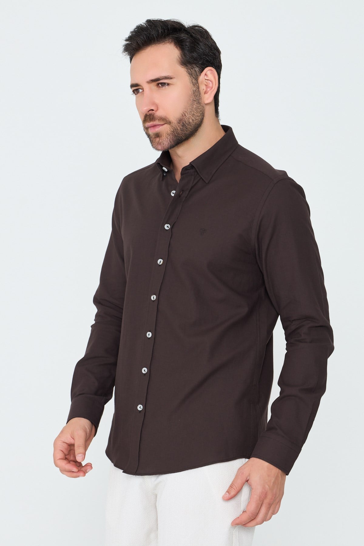 White StoneKahverengi %100 Pamuk Dynamic Fit Uzun Kollu Gömlek
