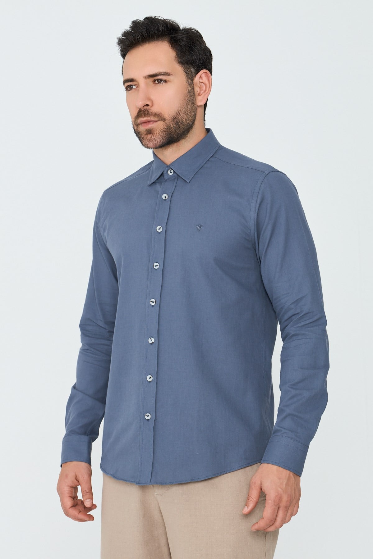 White StoneKoyu Gri %100 Pamuk Dynamic Fit Erkek Uzun Kollu Gömlek